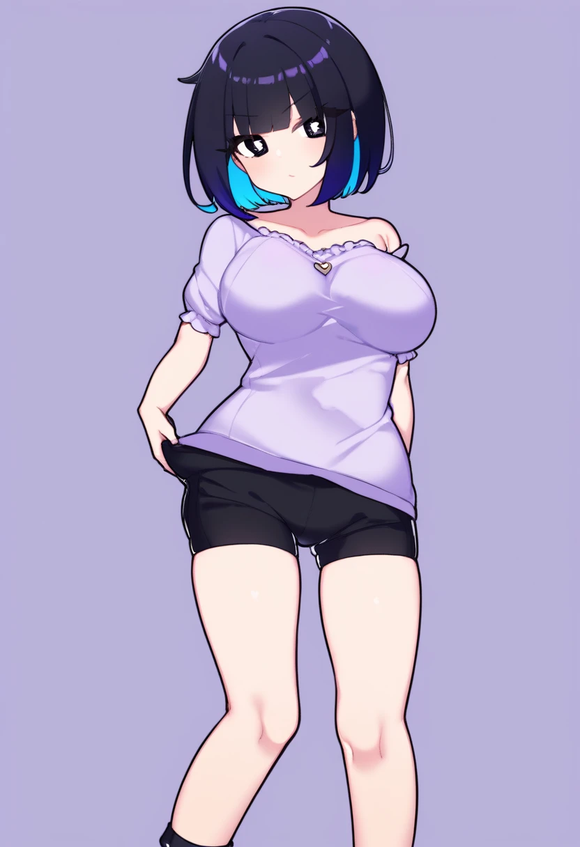 1girl, bunny ears, rabbit ears, very short hair, pixie cut, blue hair, purple eyes, light smile, fang, ((fang)), large breasts, thick thighs, gym uniform, shirt, white shirt, short pants, blue shorts, standing, toned