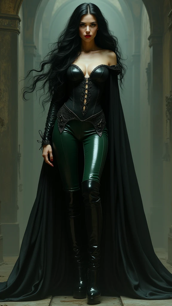 8k uhd, photorealistic, super detailed, detailed face, realistic skin, full body, standing, solo, pnly one girl, black walls, ((stunningly beautiful european 18 years old, bobcut, black hair, face of young Aidra Fox)), dominatrix suite, corset, smallest shortest green cape, leather belts, looking at me, emerald eyes, (emerald parts of suite), kinky, evil grin, collarbones, no makeup, superhero, cleavage, mistress, dark background