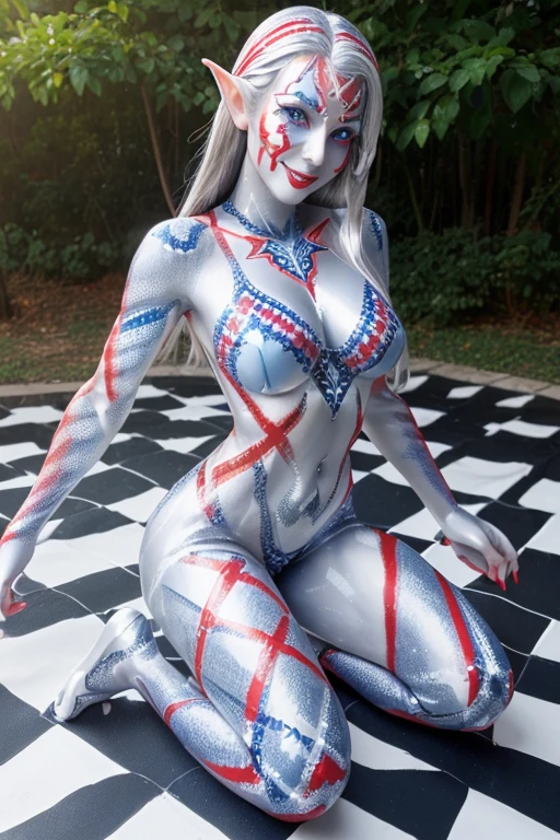 (SFW:1.3), High quality, Elf, (Full body silver body paint:1.3), (Red gradient paint towards the tip of the arms and legs:1.1), Silver body paint, face silver makes up, (White and red and blue argyle check pattern body paint:1.4), Photorealistic, silver hair, large breasts, realistic, kneeling, smile, bikini