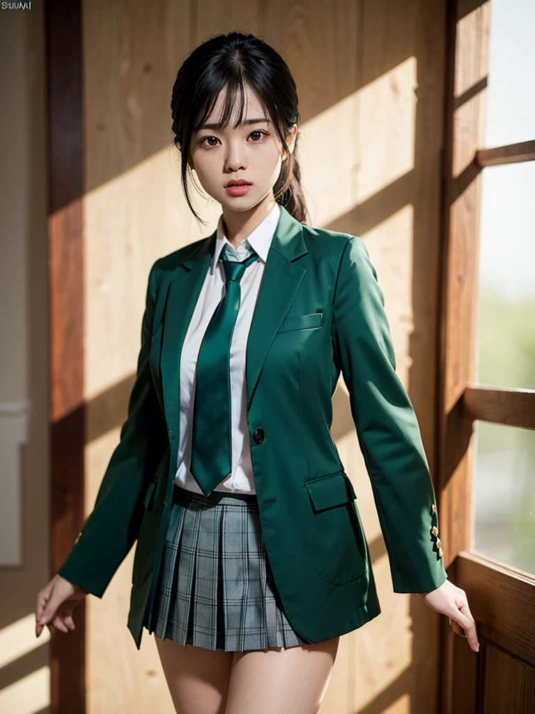 masterpiece, photorealistic, 1 girl, solo, Nahida_Genshin, detailed cross-shaped eyes, school uniform, green necktie, blazer, pleated skirt, green overcoat, standing pose, (best quality, 4k, 8k, highres, masterpiece:1.2), ultra-detailed, (realistic, photorealistic, photo-realistic:1.37), HDR, UHD, studio lighting, ultra-fine painting, sharp focus, physically-based rendering, extreme detail description, professional, vivid colors, bokeh, portraits