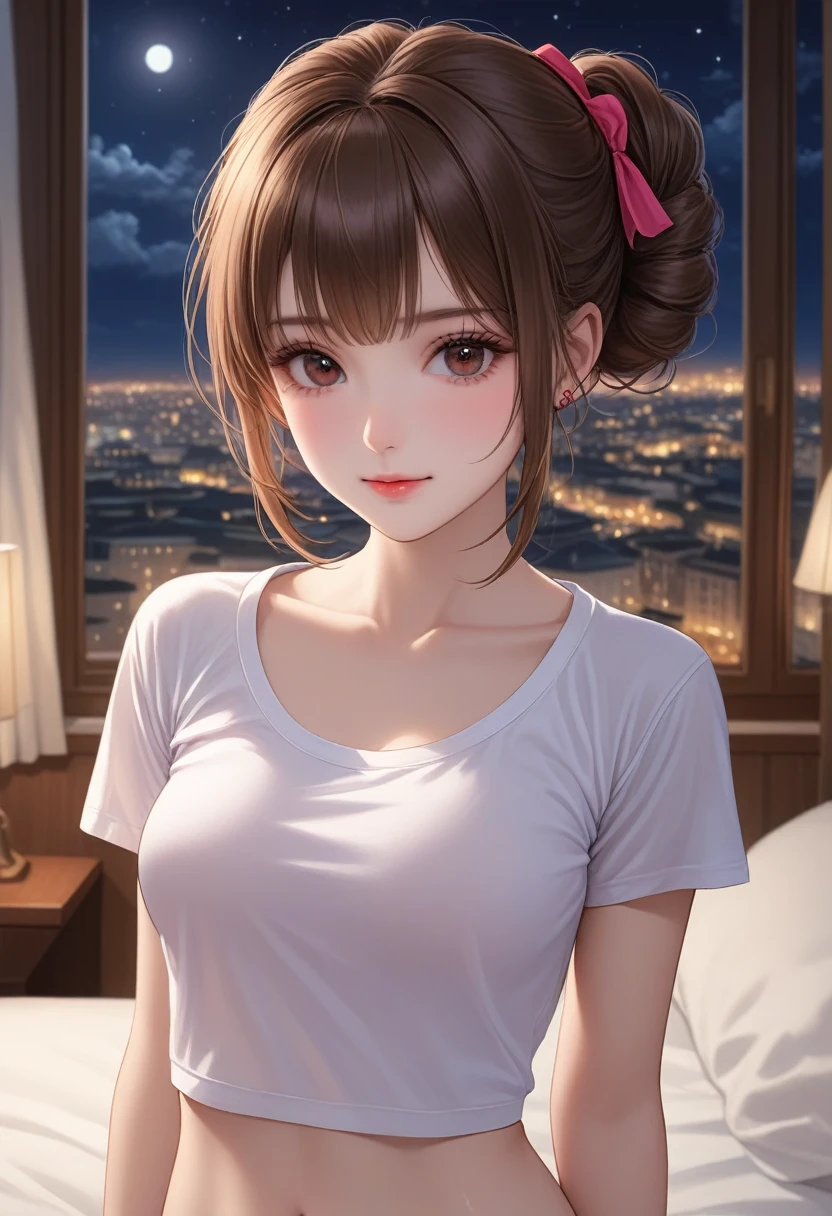 (Hyper-Photorealistic:1.6), (Ultra-Detailed, Top Quality 4K, High Resolution, Sharp Focus:1.4), A pretty 16-year-old tiptop girl dressed in a t-shirt, thong, wrist scrunchies stands in a hotel room at night, looking at the viewer, pulling up the hem of her t-shirt. She has a short brown bun and hair clip, sweaty smooth pale skin, dark eyes, a narrow nose, glossy lips with a shy smile, medium sized breasts, tiny elastic nipples, a vertical navel that gives her an angelic innocence as well as a hint of sex appeal. Her face, wet body and even the texture of her hair are rendered in extreme detail. Background window with night scene. Side view, cowboy shot.