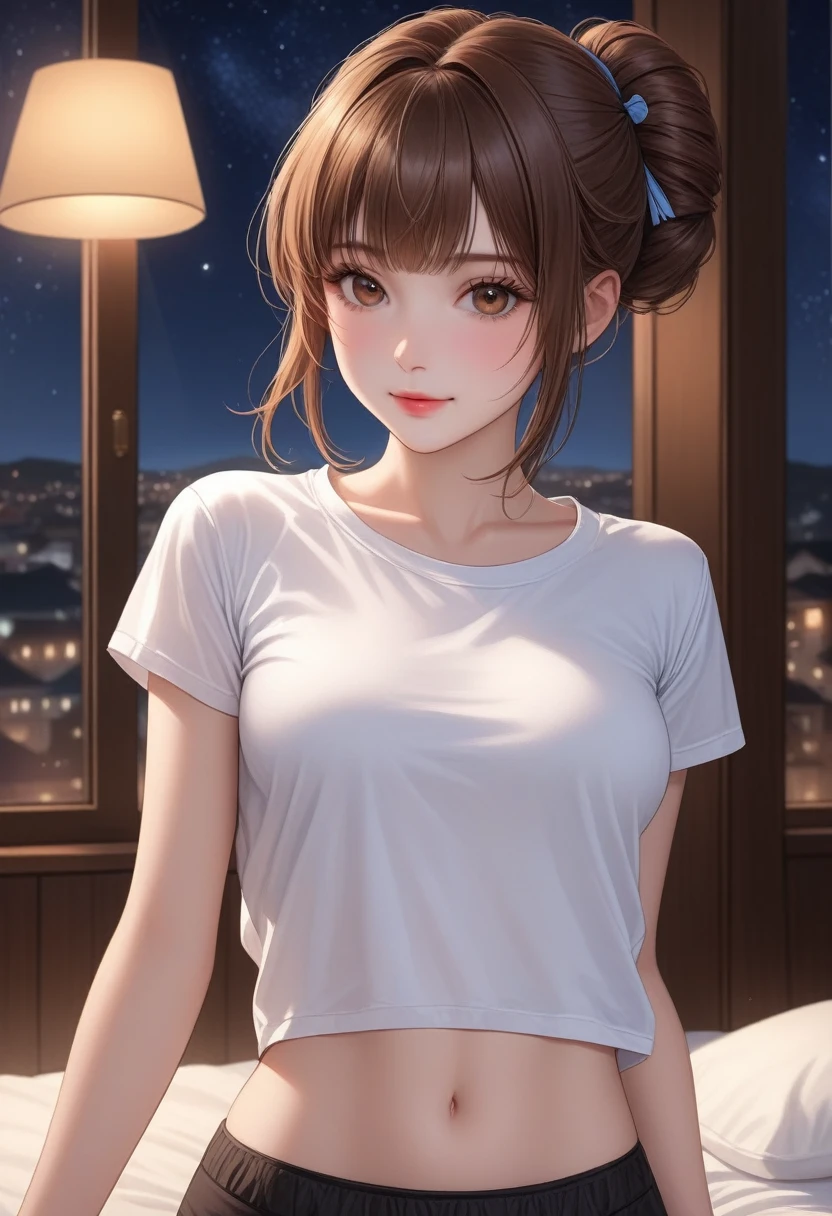 (Hyper-Photorealistic:1.6), (Ultra-Detailed, Top Quality 4K, High Resolution, Sharp Focus:1.4), A pretty 16-year-old tiptop girl dressed in a t-shirt, thong, wrist scrunchies stands in a hotel room at night, looking at the viewer, pulling up the hem of her t-shirt. She has a short brown bun and hair clip, sweaty smooth pale skin, dark eyes, a narrow nose, glossy lips with a shy smile, medium sized breasts, tiny elastic nipples, a vertical navel that gives her an angelic innocence as well as a hint of sex appeal. Her face, wet body and even the texture of her hair are rendered in extreme detail. Background window with night scene. Side view, cowboy shot.