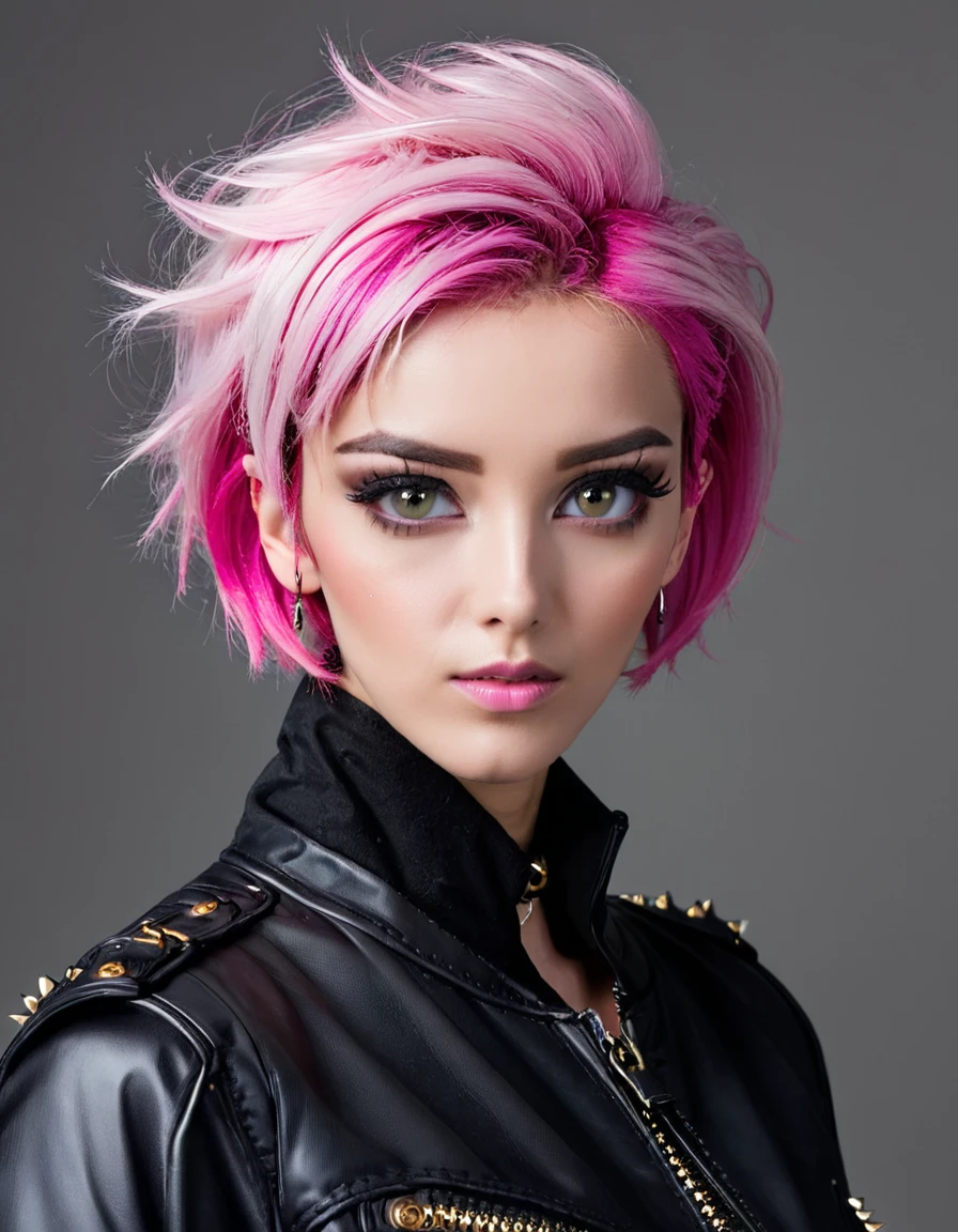 1girl, solo, looking at viewer, short hair, simple background, closed mouth, upper body, pink hair, pink eyes, grey background, black jacket, lips, black choker, makeup, portrait, spikes, zipper