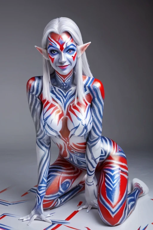 (SFW:1.3), High quality, Elf, (Full body silver body paint:1.3), (Red gradient paint towards the tip of the arms and legs:1.1), Silver body paint, face silver makes up, (White and red and blue herringbone pattern body paint:1.4), Photorealistic, silver hair, large breasts, realistic, kneeling, smile, bikini