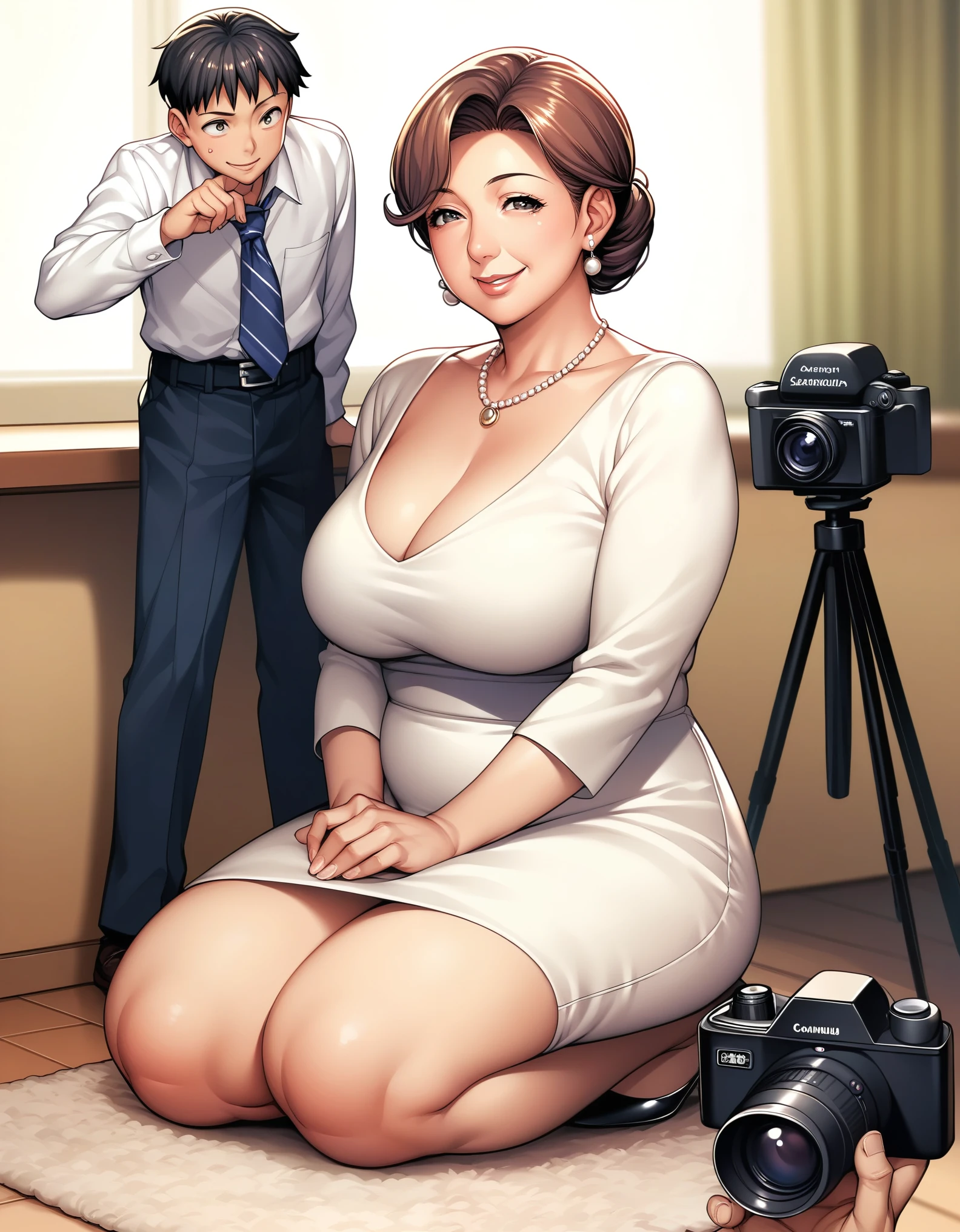  score_9,  score_8_up,  score_7_up, sauce_Anime, One person, One person女の子,  classy mature woman ,  mother and stepson  ,  mature man,  charming smile,  stare at viewers,   mother is kneeling in front of her son-in-law, 義理の息子の前で, White luxury dress, Camera from the front, ( focus on her face in front of her son-in-law   ),  sits on the floor