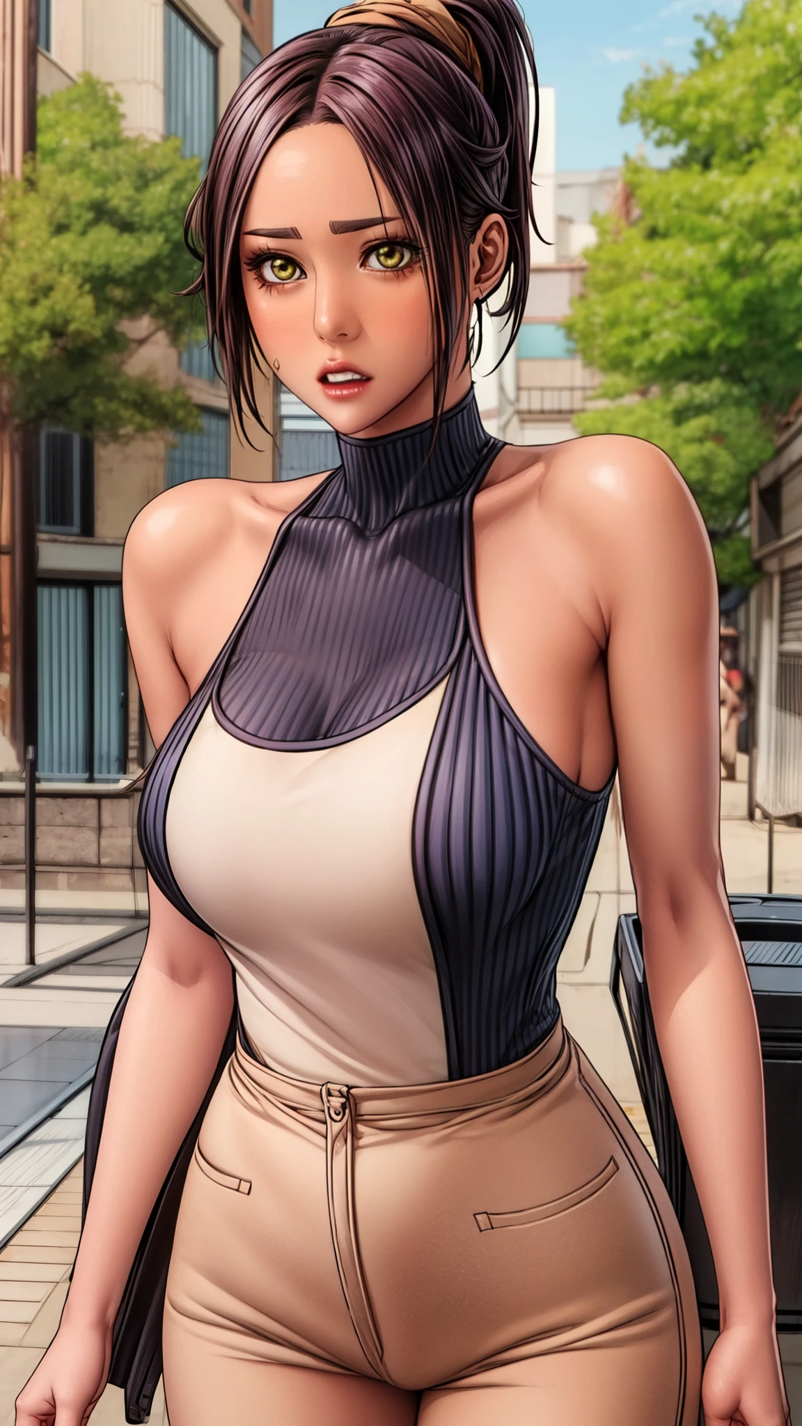 yoruichishihouin, yoruichi shihouin, long hair, (yellow eyes:1.5), ponytail, purple hair, dark skin, dark-skinned female,
BREAK bodysuit, black bodysuit, bare arms, bare shoulders, sideboob,
BREAK outdoors,
BREAK looking at viewer, (cowboy shot:1.5),
BREAK (masterpiece:1.2), best quality, high resolution, unity 8k wallpaper, (illustration:0.8), (beautiful detailed eyes:1.6), extremely detailed face, perfect lighting, extremely detailed CG, (perfect hands, perfect anatomy),