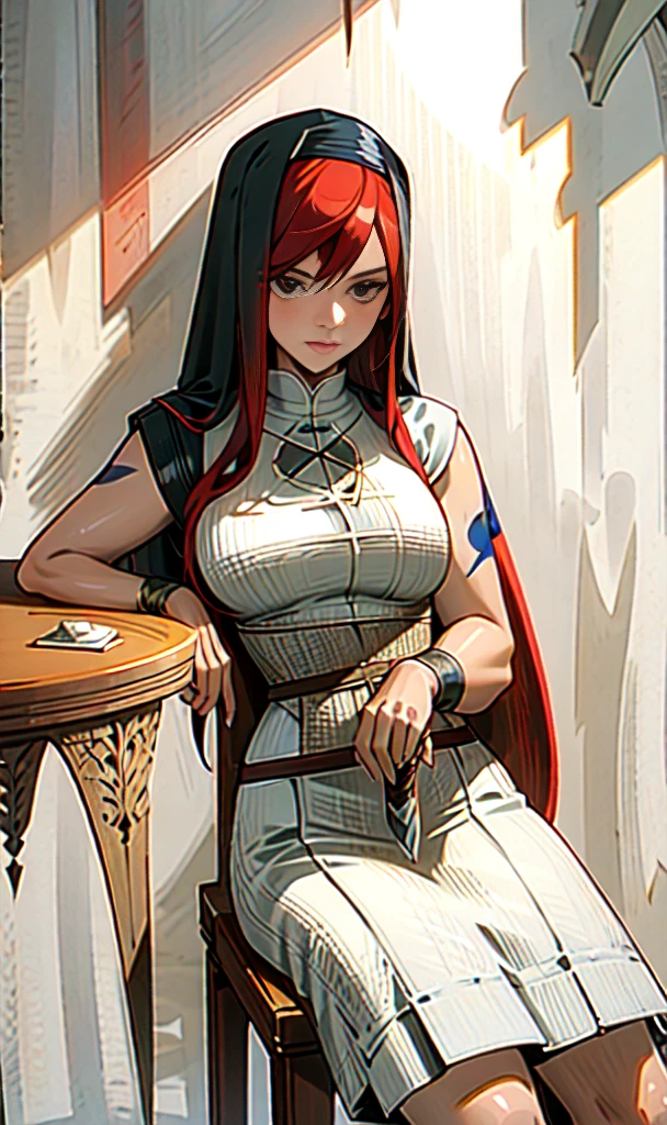 grandfather with graying red hair, wearing a medieval nun's outfit, fantasy world, sitting behind a table, moscular body, gentle features, arm tatoo, swords hanging on the wall