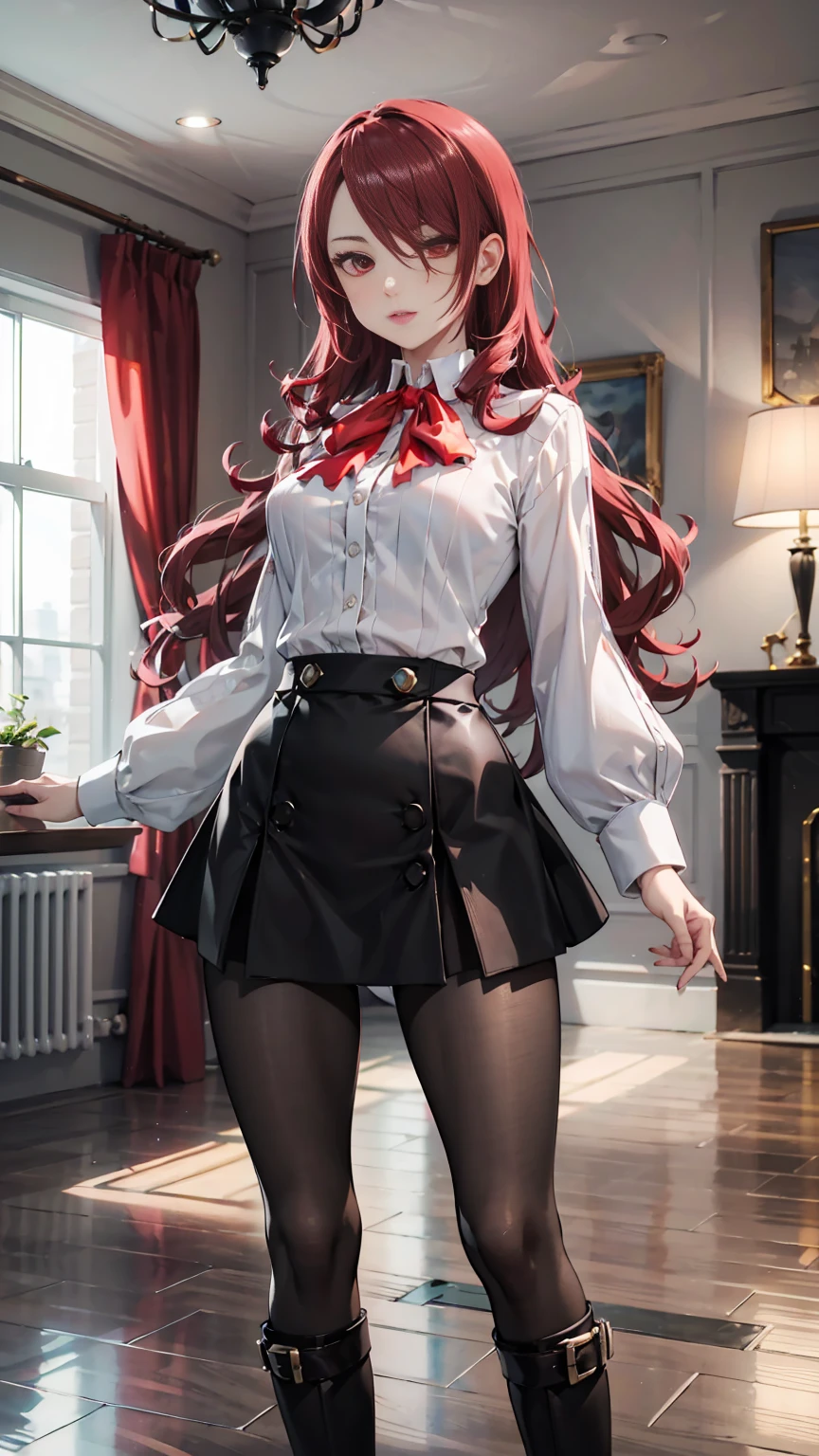  The best quality, ( masterpiece :1.3),  cinematic lighting , ultra-detail, (highres:1.1), mitsuru kirijou, standing, front view,  looking at the viewer, long dark red hair, ( hair covering a right eye ),  detailed eyes , red eyes,  Big breasts, choker:1.6, red bow on the chest , ((White buttoned shirt)), (shiny black miniskirt), (dark brown tights), (black boots), elegant room, mansion, night