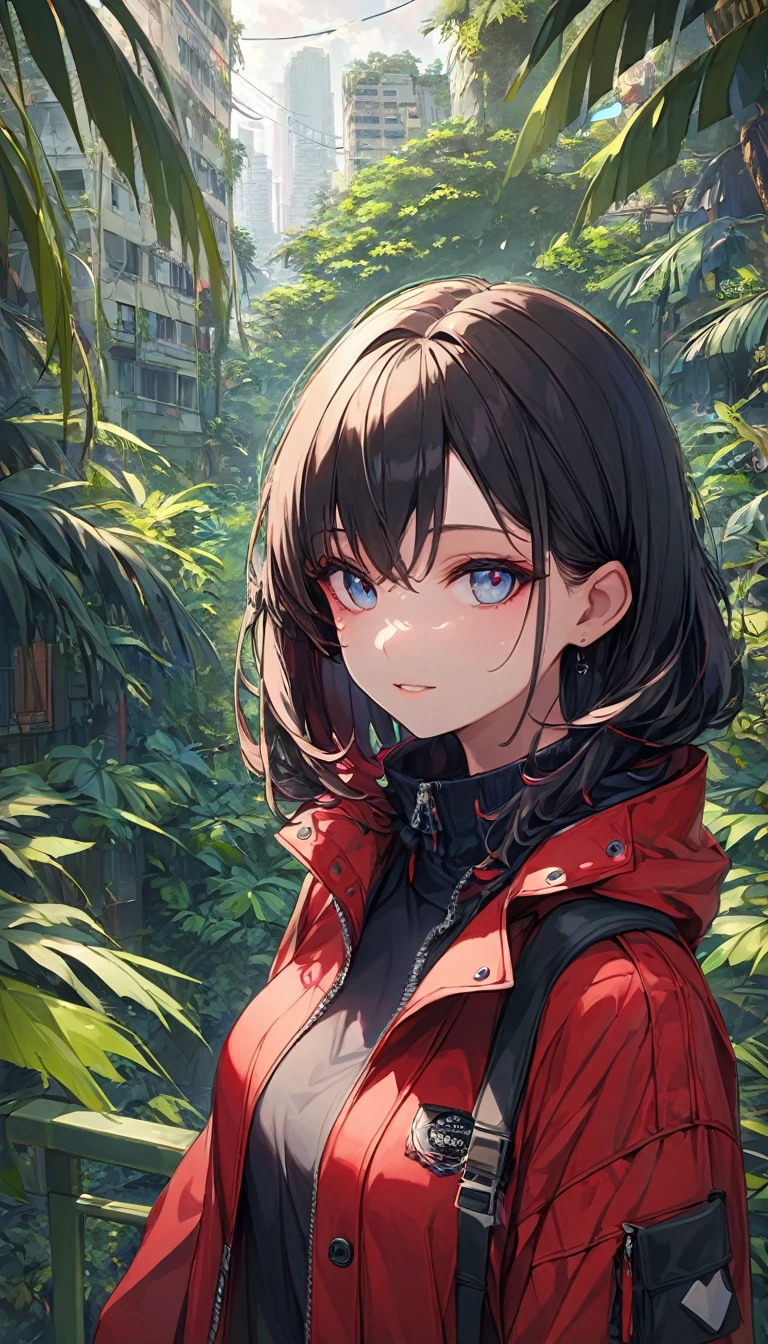 1girl, cute, beautiful, beautiful_eyes, (150° gaze), red_coat, jungle background, urban nuance, (masterpiece, detailed, accurate)