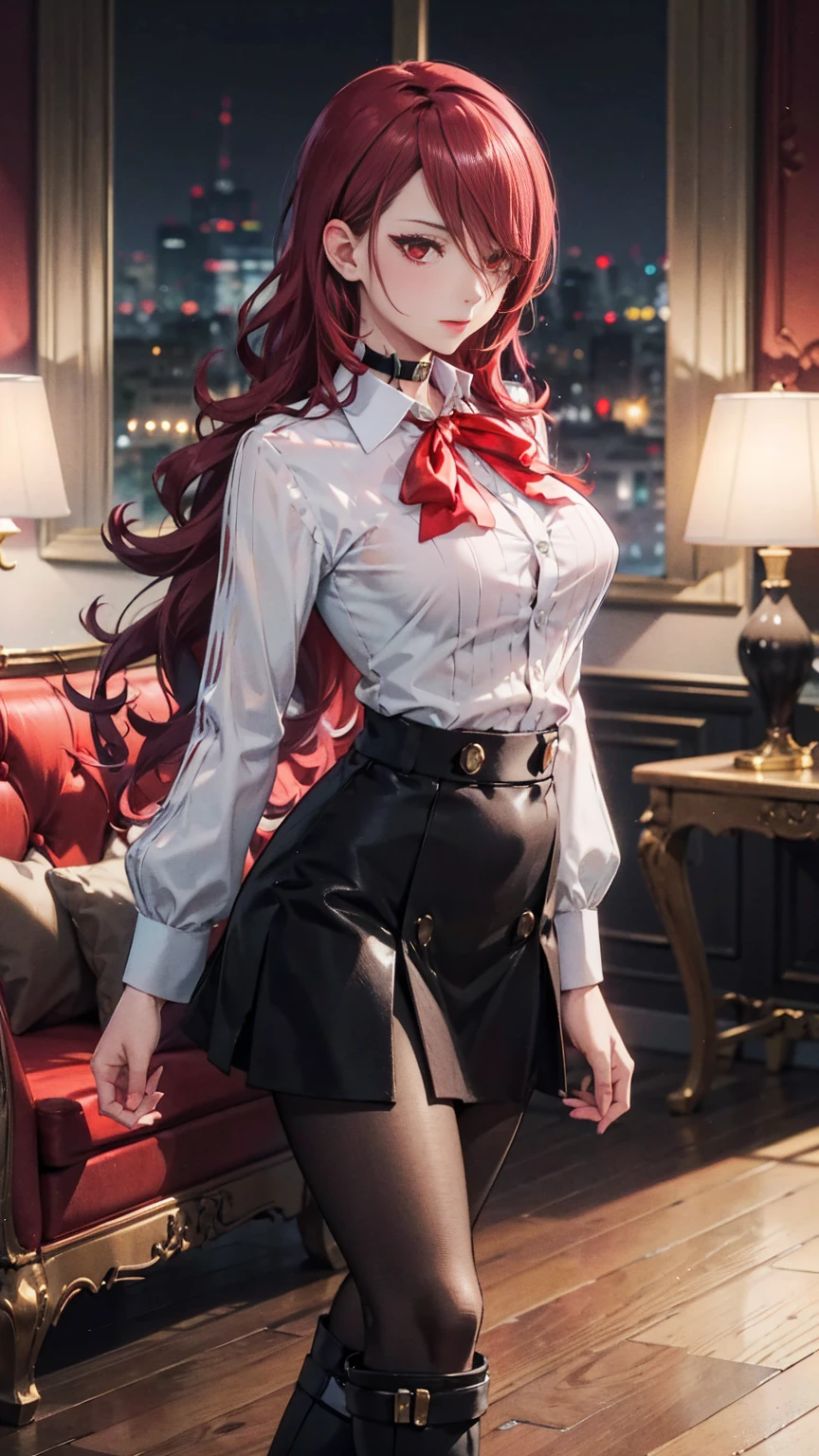  The best quality, ( masterpiece :1.3),  cinematic lighting , ultra-detail, (highres:1.1), mitsuru kirijou, standing, front view,  looking at the viewer, long dark red hair, ( hair covering a right eye ),  detailed eyes , red eyes,  Big breasts, choker:1.6, red bow on the chest , ((White buttoned shirt)), (shiny black miniskirt), (dark brown tights), (black boots), elegant room, mansion, night