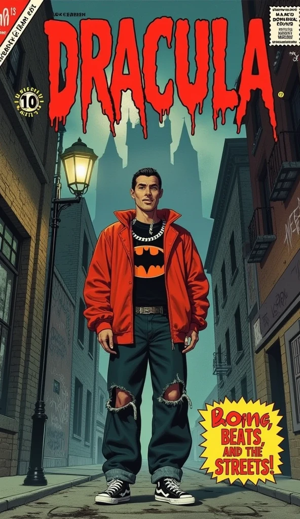 a 1940s-style horror comic book cover featuring Dracula, reimagined as a modern trap star. He’s dressed in oversized streetwear—a baggy, blood-red hoodie with a bold bat logo, layered over a black graphic t-shirt, paired with wide-legged distressed jeans and slick, high-end sneakers. Around his neck, a chunky silver chain with a gothic cross pendant shines against his dark attire. His slicked-back hair and signature sharp fangs give him a menacing yet cool presence.

The background depicts a decaying, haunted urban setting: a fog-filled alley lined with old gothic buildings, some with cracked windows and graffiti-covered walls. A dim, flickering streetlamp casts eerie shadows on the wet pavement. In the distance, you can spot the looming silhouette of Dracula’s castle, shrouded in mist, blending the horror of the 1940s with a modern cityscape.

The title 'Dracula' is displayed in bold, retro horror-style font with jagged edges, bleeding into the image as if dripping with blood. Beneath the title, the tagline reads: 'Blood, Beats, and the Streets!' in sharp, angular lettering.

The comic features the usual vintage elements such as 'Issue #13', the price '10¢', and a small, classic publisher's logo. The colors are faded and muted, with a true grit texture, giving it a weathered, pulp horror feel, while maintaining the modern, stylish edge of Dracula’s trap star persona.