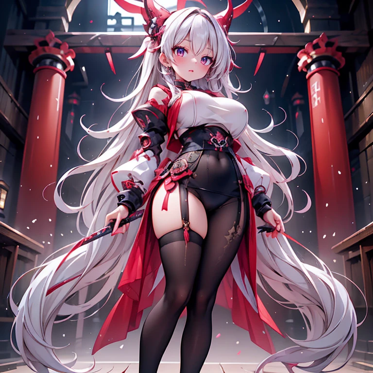 Torn red cheongsam,Broken black pantyhose,huge breasts,胸前Holes in clothes,Damaged clothes,Holes in clothes,Battle damage,Seriously injured,long white hair,Wipe the blood from the corner of your mouth with your hand,Weak,Gasping lightly,sideways,Half of your butt is exposed,Cell phone entangled in octopus tentacles,Entangled by octopus tentacles