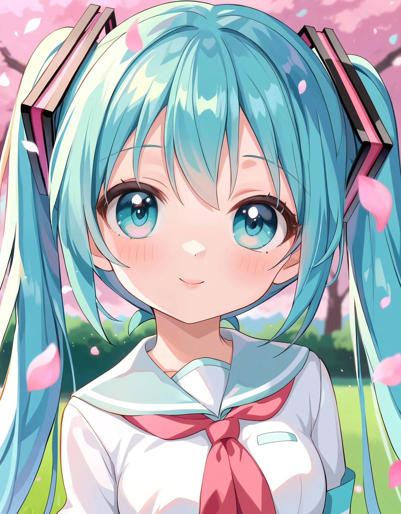 score_9, score_8_up, score_7_up, BREAK source_anime, anime screencap,, close-up, 1girl,cute_face,slender body,petite body,fair_skin,shiny hair,seductive posture, hatsune_miku,school_uniform,serafuku, outdoors,sakura, falling petals,