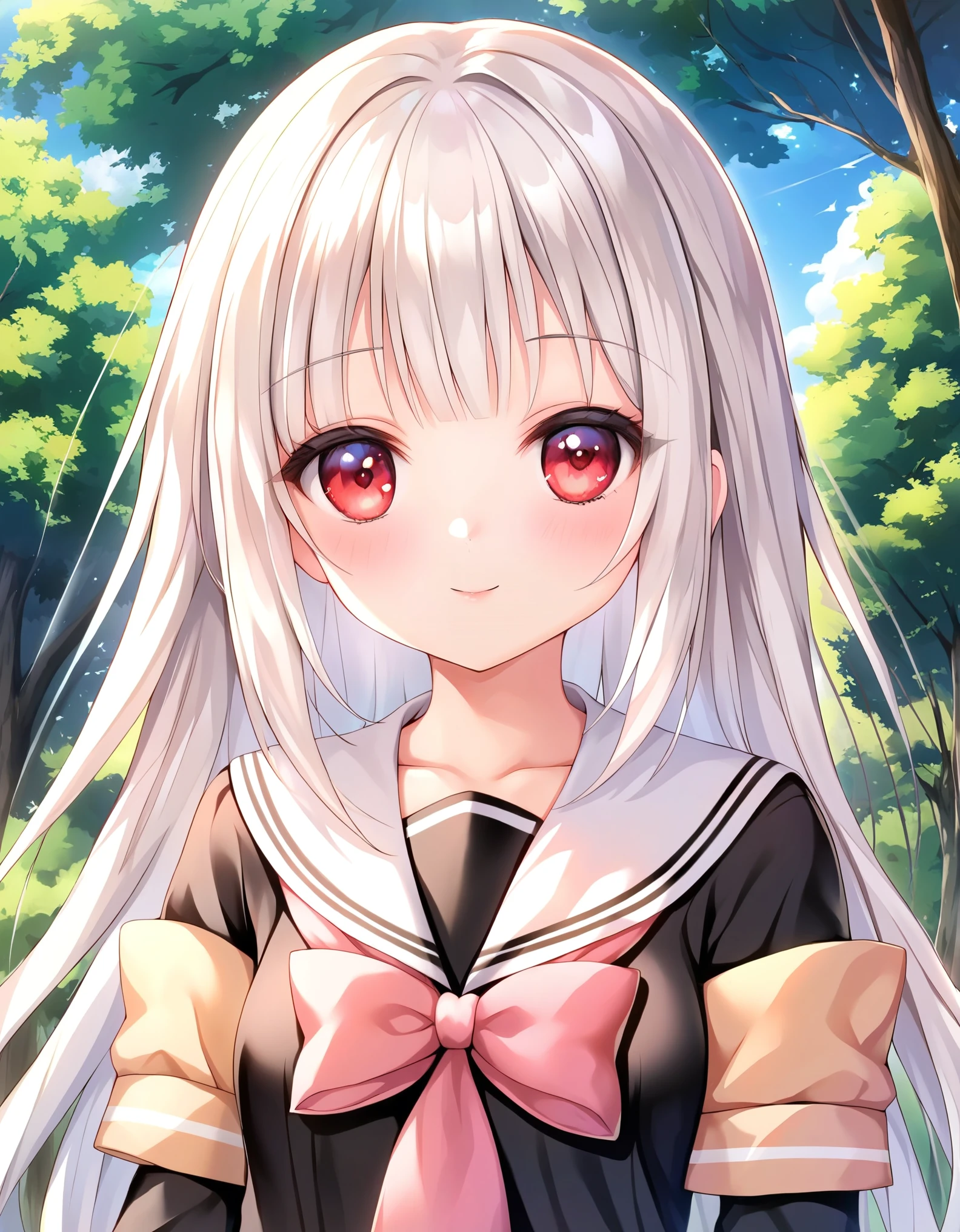 score_9, source_anime, anime_coloring, anime_screencap, rating_sfw, newest,
masterpiece, amazing quality, best quality, detailed, absurdres, illustration, game_cg, intricate, an extremely delicate and beautiful,
1 girl, cute, perfect anatomy, red eyes, pettier,
white hair, long hair, blunt bangs,
white sailor collar,
close-up, upper body,
forest, flower,
standing,