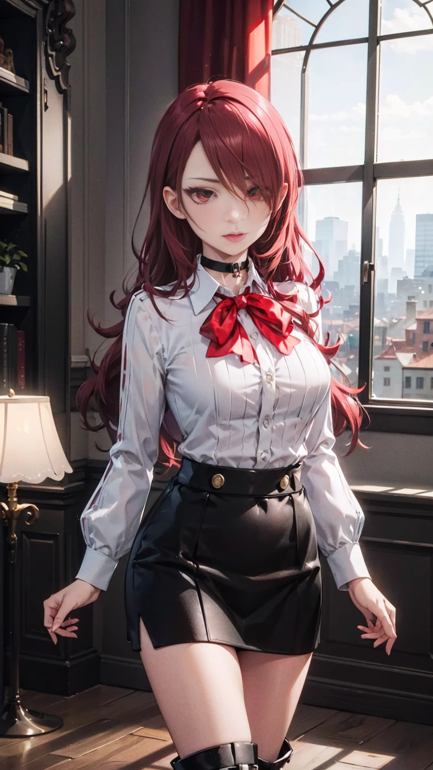  The best quality, ( masterpiece :1.3),  cinematic lighting , ultra-detail, (highres:1.1), mitsuru kirijou, standing, front view,  looking at the viewer, long dark red hair, ( hair covering a right eye ),  detailed eyes , red eyes,  Big breasts, choker:1.6, red bow on the chest , ((White buttoned shirt)), (shiny black miniskirt), (dark brown tights), (black boots), elegant room, mansion, night