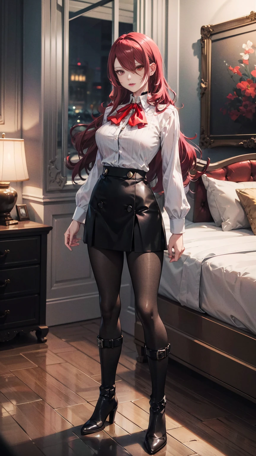  The best quality, ( masterpiece :1.3),  cinematic lighting , ultra-detail, (highres:1.1), mitsuru kirijou, standing, front view,  looking at the viewer, long dark red hair, ( hair covering a right eye ),  detailed eyes , red eyes,  Big breasts, choker:1.6, red bow on the chest , ((White buttoned shirt)), (shiny black miniskirt), (dark brown tights), (black boots), elegant room, mansion, night