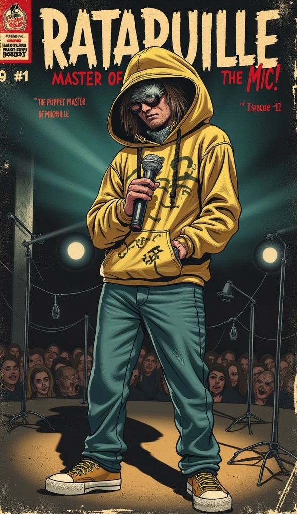 a 1940s-style horror comic book cover featuring Linguini, reimagined as a rapper controlled by Ratatouille. Linguini, dressed in oversized streetwear—a loose, graffiti-covered hoodie, paired with baggy jeans, and high-top sneakers—is on stage, holding a microphone in one hand. His posture is slightly awkward, giving away that his movements are being controlled by the small rat hiding under his cap. The strings that Ratatouille pulls to control Linguini are barely visible, adding a sinister yet humorous twist.

Ratatouille peers out from beneath Linguini's hat, his tiny paws subtly tugging at strings attached to Linguini’s limbs. The rat is wearing a miniature gold chain around his neck, adding to the street style. The background shows a dimly lit, eerie nightclub with smoky air and flickering neon lights. Dark, shadowy figures lurk in the audience, adding a touch of vintage horror to the scene.

The title 'Ratatouille: Master of the Mic!' is scrawled in bold, retro font at the top, slightly cracked and faded to give a weathered look. The tagline underneath reads: 'The Puppet Master of Hip-Hop!' in sharp, distressed lettering.

Elements like 'Issue #1', the price '10¢', and a retro publisher's logo appear, with a faded, textured look. The overall colors are muted, with a true grit texture, combining the feel of old horror comics with modern streetwear culture, making the cover feel both vintage and contemporary.