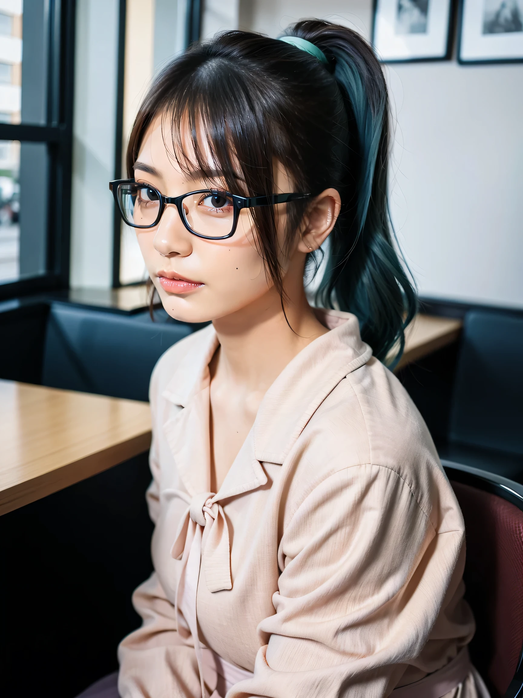 photography, masterpiece, best quality, 8k, HDR, highres, absurdres:1.2,  Kodak Portra 400 , film grain, blurry background, bokeh:1.2, lens flare,An ordinary girl wearing glasses, (((black hair))), long hair, (((parted bangs))), (((tied in a ponytail))), (((single ponytail))), (((aqua blue hair accessories tied into a ponytail))), (((wearing glasses))), a serious girl, wearing a long pink dress , knitted thin jacket, fashionable clothing, conservative outfit, flat doll shoes, 20 years old, height 158cm, C cup, top student, seriously, squatting In Tokyo, in a cafe,with a brown super cute poodle, she is a Dog lover, bare face, no makeup, smiling ,fashionista， She prefers to wear ，fashion model， dress with a sense of design，Simple but stylish, full body shot 