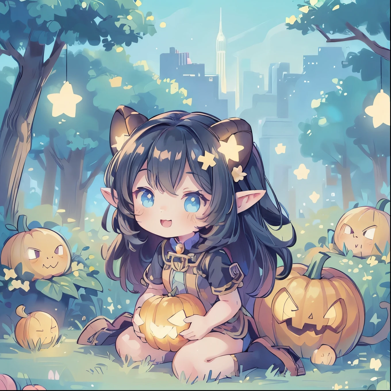 ((Masterpiece)), ((highres)), beautifull detailed women, succubus female, detailed long black hair, ((detailed small black horns)), detailed elf ears, detailed pixie nose, detailed eyes, very petite, kawaii, happy expression in face, sitting in a pumpkin patch, small sparkles in the background