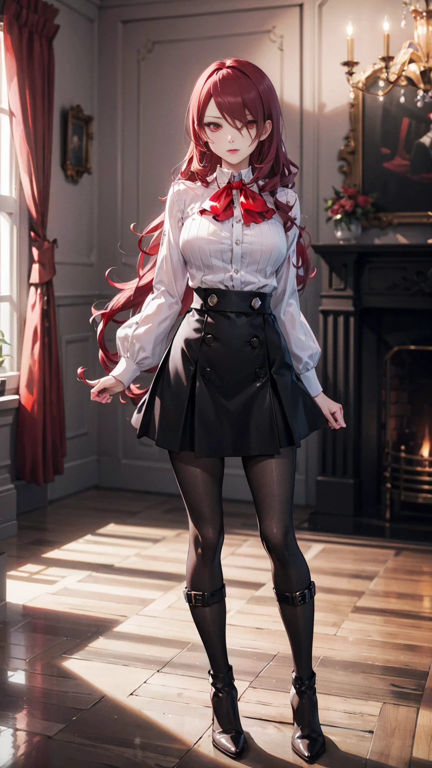  The best quality, ( masterpiece :1.3),  cinematic lighting , ultra-detail, (highres:1.1), mitsuru kirijou, standing, brazos cruzados, front view,  looking at the viewer, long dark red hair, ( hair covering a right eye ),  detailed eyes , red eyes,  Big breasts, choker:1.6, red bow on the chest , ((White buttoned shirt)), (shiny black miniskirt), (dark brown tights), (black boots), elegant room, mansion, night