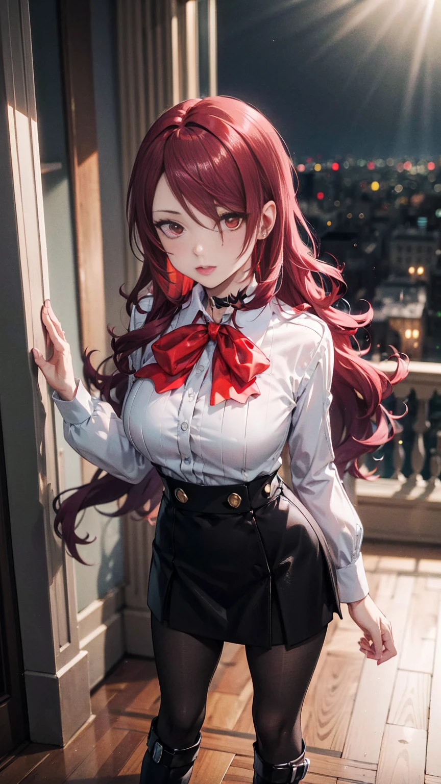  The best quality, ( masterpiece :1.3),  cinematic lighting , ultra-detail, (highres:1.1), mitsuru kirijou, standing,  seen from above ,  looking at the viewer, long dark red hair, ( hair covering a right eye ),  detailed eyes , red eyes,  Big breasts, choker:1.6, red bow on the chest , ((White buttoned shirt)), (shiny black miniskirt), (dark brown tights), (black boots), elegant room, mansion, night