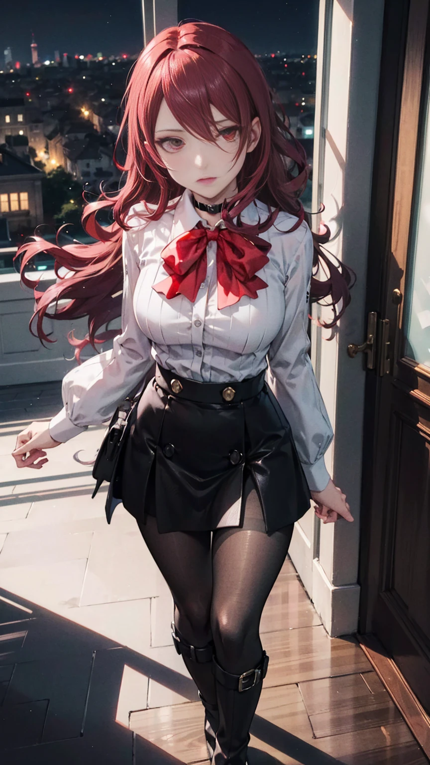  The best quality, ( masterpiece :1.3),  cinematic lighting , ultra-detail, (highres:1.1), mitsuru kirijou, standing,  seen from above ,  looking at the viewer, long dark red hair, ( hair covering a right eye ),  detailed eyes , red eyes,  Big breasts, choker:1.6, red bow on the chest , ((White buttoned shirt)), (shiny black miniskirt), (dark brown tights), (black boots), elegant room, mansion, night