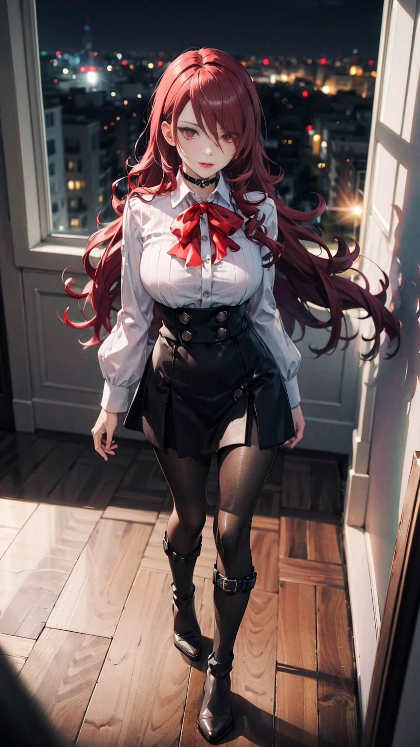  The best quality, ( masterpiece :1.3),  cinematic lighting , ultra-detail, (highres:1.1), mitsuru kirijou, standing,  seen from above ,  looking at the viewer, long dark red hair, ( hair covering a right eye ),  detailed eyes , red eyes,  Big breasts, choker:1.6, red bow on the chest , ((White buttoned shirt)), (shiny black miniskirt), (dark brown tights), (black boots), elegant room, mansion, night