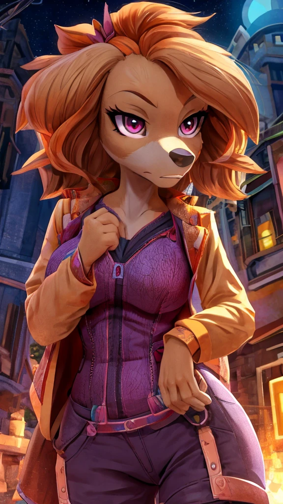 Skye from Paw Patrol, female cockapoo, anthro, mature adult, orange hair, magenta eyes, serious, detailed, solo, beautiful, full body, high quality, anime, 4K