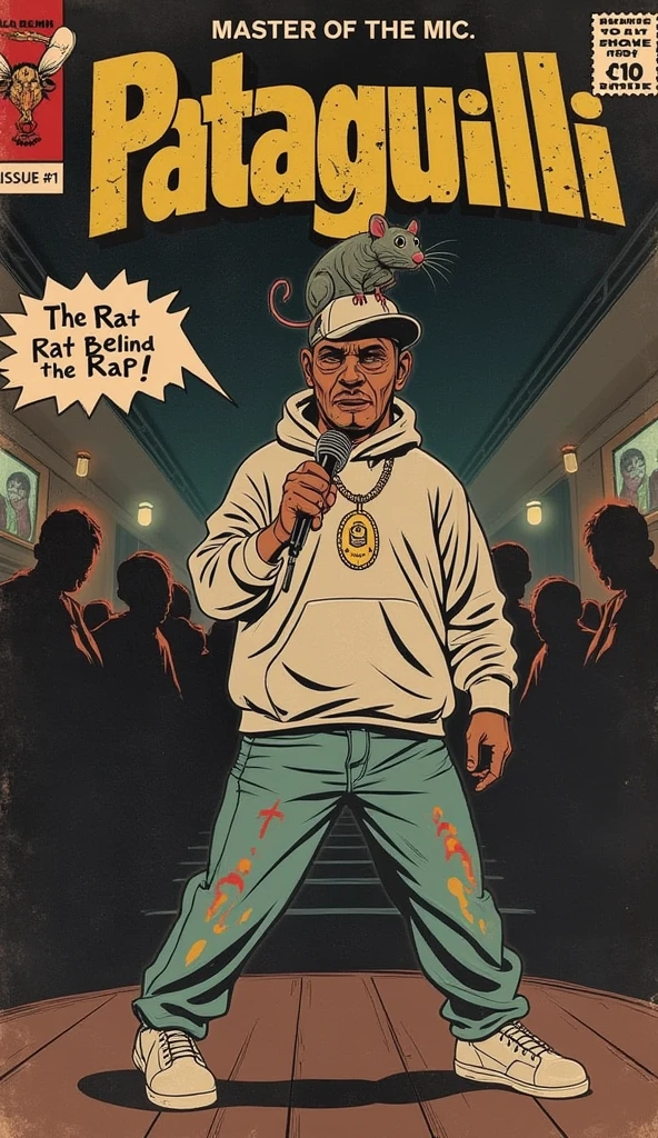 a 1940s-style horror comic book cover featuring Linguini, reimagined as a rapper controlled by Ratatouille, the rat sitting on top of Linguini’s head, hidden beneath a cap. Linguini, dressed in oversized streetwear—a loose, graffiti-covered hoodie, paired with baggy jeans, and high-top sneakers—is on stage, gripping a microphone. His movements are awkward and jerky, revealing that the rat on his head is secretly pulling the strings, controlling his every move like a puppet master.

Ratatouille, clearly visible on top of Linguini’s head, peers out from under the cap, with tiny strings attached to Linguini’s arms and legs. The rat is wearing a small gold chain around his neck, blending a mix of street style and sinister manipulation. In the background, the eerie, dimly lit nightclub is filled with shadowy figures, flickering neon lights, and a smoky, unsettling atmosphere—typical of 1940s horror comics.

The title 'Ratatouille: Master of the Mic!' is boldly displayed at the top in cracked, vintage-style font, slightly faded to give an aged look. Beneath it, the tagline reads: 'The Rat Behind the Rap!', emphasizing the unique dynamic between the two characters.

Standard comic book elements such as 'Issue #1', '10¢' price, and a retro publisher's logo are included, all rendered with a worn, true grit texture. The overall palette uses muted colors, with a distressed paper texture, capturing the essence of vintage horror while integrating the modern streetwear theme.