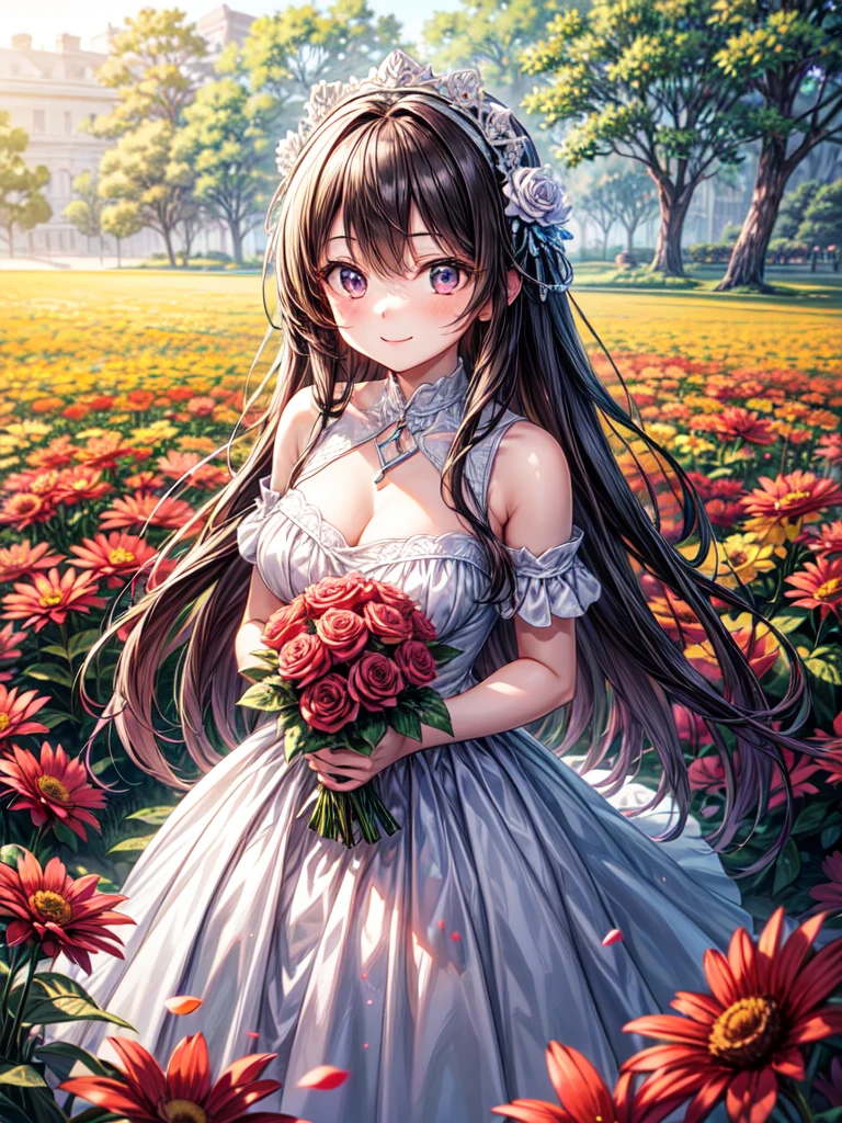 In a vast, vibrant flower field filled with colorful blossoms of every shade, a beautiful young girl stands smiling, wearing a flowing white dress that contrasts with the bright flowers around her. She holds a large bouquet of freshly picked flowers in both hands close to her chest, her delicate fingers wrapped around the stems. Her long hair gently sways in the breeze, and the sunlight softly illuminates her joyful expression, radiating warmth and happiness. The flowers around her bloom in an array of pinks, purples, yellows, and reds, creating a stunning, serene scene. The intricate details of her dress, the flowers, and her radiant smile are captured in ultra-clear 8K resolution, making every petal, fold, and strand of hair come to life,