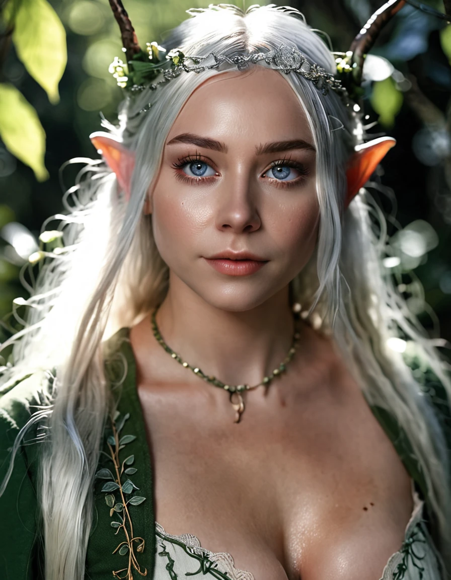 (detailed face, detailed eyes, clear skin, clear eyes), lotr, fantasy, elf, female, full body, looking at viewer, portrait, photography, detailed skin, realistic, highly detailed, full length frame, High detail RAW color art, nude, plants, forest, shallow depth of field, sharp focus, mystical, cinematic lighting, elf ear, solo, 1girl,