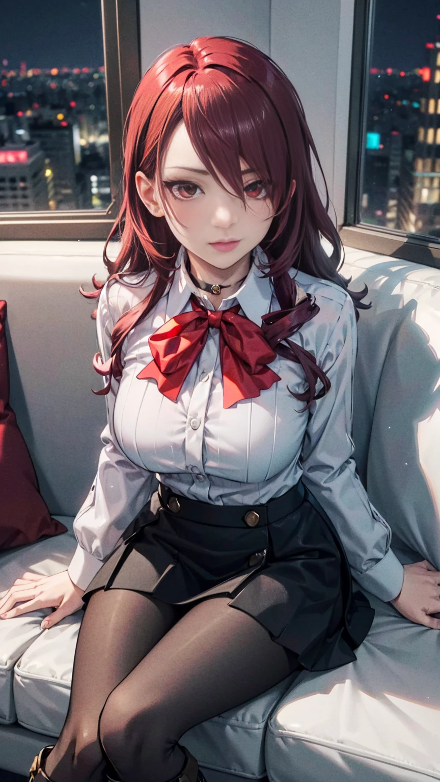  The best quality, ( masterpiece :1.3),  cinematic lighting , ultra-detail, (highres:1.1), mitsuru kirijou,  sitting on a couch ,  seen from above ,  looking at the viewer, long dark red hair, ( hair covering a right eye ),  detailed eyes , red eyes,  Big breasts, choker:1.6, red bow on the chest , ((White buttoned shirt)), (shiny black miniskirt), (dark brown tights), (black boots), elegant room, mansion, night