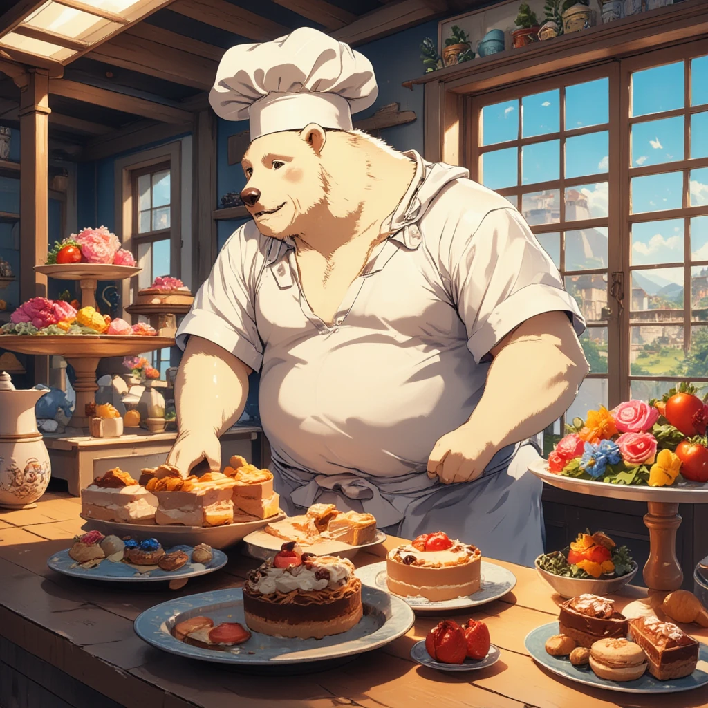 pastry chef, a plump middle-aged polar bear man, full body in Michelangelo Buonarroti style, housamo style, digital illustration anime, character focus, full body, looking away, dynamic angle, BREAK happy, little smile, chef's hat, costume, boots, cook a cake, a beautiful pastel-colored patisserie, intricate and delicate cakes, delicate floral decorations, perfectly arranged dessert display, assorted fruits, sugar flowers, macarons, cupcakes, tarts, sweet treats, dynamic pose, detailed painting landscape, morning, patisserie, kitchen, kitchen table, indoor, france, BREAK complete anatomy, perfect proportions, beautiful thigh gap, fluffy body, intricate fur details, beautiful fur texture, BREAK detailed polar bear tail, detailed boots, detailed hands, 5fingers, 5fingers nails, BREAK aesthetic anime face, insanity detailed face, male face, big face, square jawline, aesthetic anime eyes, detailed brown eyes, detailed brown cornea, detailed dark brown irises, detailed pupils, male eyes, big eyes, male eyebrows, innocent look, beautiful beard, BREAK masterpiece, official art, best quality, very aesthetic, absurdres, super fine illustration, great quality, BREAK noise reduction, very highres, large filesize, high quality, 32K, 8k wallpaper, dynamic lighting, BREAK insanity detailed, ultra detailed, intricate details, extremely detailed, detailed texture, an extremely delicate and beautiful, full color, HDR, BREAK e621 illustration, osukemo, kemohomo, anthropomorphic, furry, cartoon, harmonious, pastoral, virtuous