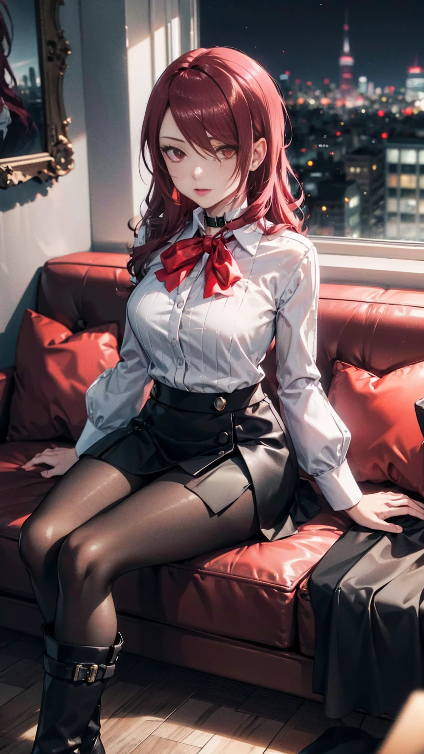  The best quality, ( masterpiece :1.3),  cinematic lighting , ultra-detail, (highres:1.1), mitsuru kirijou,  sitting on a couch ,  seen from above ,  looking at the viewer, long dark red hair, ( hair covering a right eye ),  detailed eyes , red eyes,  Big breasts, choker:1.6, red bow on the chest , ((White buttoned shirt)), (shiny black miniskirt), (dark brown tights), (black boots), elegant room, mansion, night