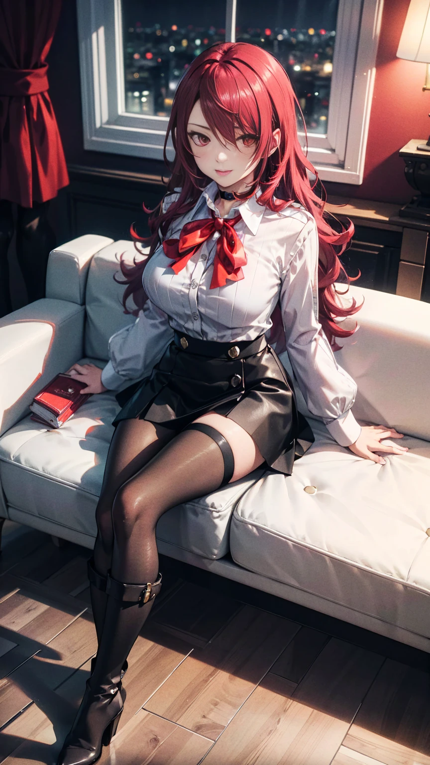  The best quality, ( masterpiece :1.3),  cinematic lighting , ultra-detail, (highres:1.1), mitsuru kirijou,  sitting on a couch ,  seen from above ,  looking at the viewer, long dark red hair, ( hair covering a right eye ),  detailed eyes , red eyes,  Big breasts, draw smile, choker:1.6, red bow on the chest , ((White buttoned shirt)), (shiny black miniskirt), (dark brown tights), (black boots), elegant room, mansion, night