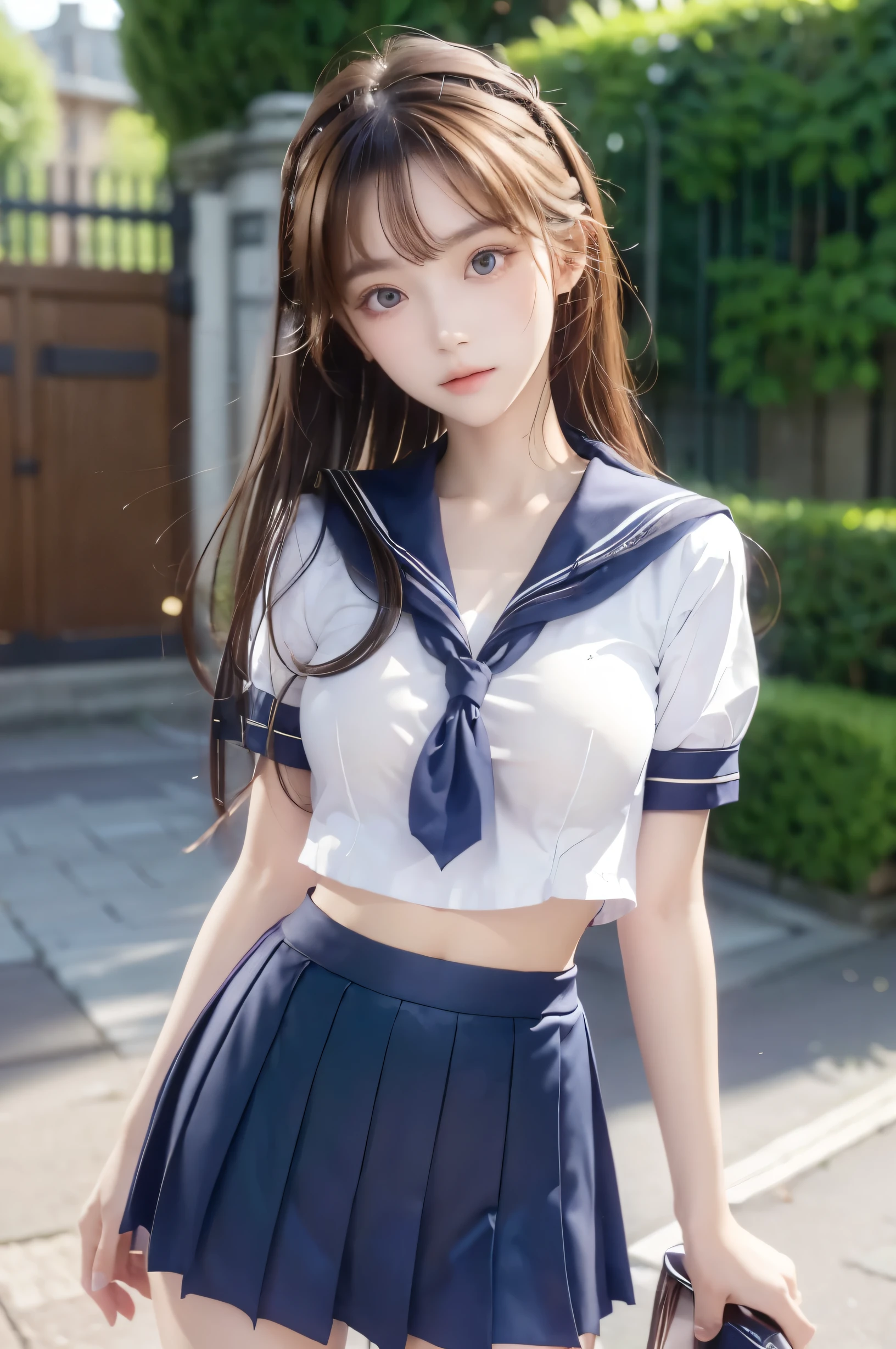 ( super high image quality ), ( looking over here), (Short-sleeved sailor uniform,  Navy Blue Miniskirt ), Big Breasts, Super beautiful breasts, Slender, (Thin legs:1.2), (Thin thighs:1.2), (Thin Hips:1.4), (Beautiful Skin,  Shiny Skin ,  white skin), (Super slim face, Super beautiful face, No makeup, Smile:0.6), (Light Brown Hair,  semi-long, Layered Cut,  message window ), (Big eyes:1.3, High corners of the eyes:1.6, double eyelid), (Thin eyebrows:0.1), (Small Nose:0.6), (Thin lips:0.6), Beautiful Hands, Empty-handed,  standing , In front of the school gate