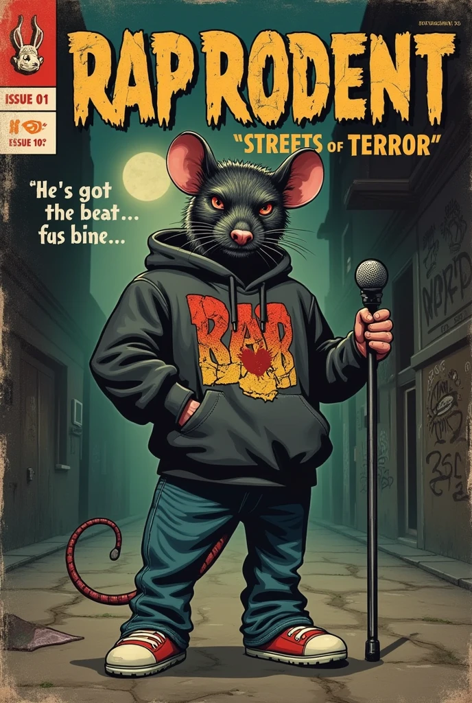 a 1940s-style horror comic book cover featuring a rap-performing anthropomorphic rat in oversized streetwear. The rat stands upright, dressed in a baggy hoodie with a bold, graffiti-style print, loose jeans, and chunky skate shoes. His fur is dark, slightly ragged, but he oozes confidence, gripping a vintage-style microphone in one paw. The hoodie’s hood is up, shadowing his face, leaving just enough light to reveal glowing red eyes and a sly grin.

The background is a dark, eerie alleyway filled with graffiti, fog creeping around the edges, and a dim streetlight casting long shadows, adding a sinister atmosphere to the scene. The vibe is unsettling but cool, blending horror with urban street culture.

The title 'Rap Rodent: Streets of Terror' is emblazoned across the top in bold, cracked lettering, designed to look aged and worn, typical of 1940s horror comic fonts. Beneath the title, the tagline reads: 'He’s Got the Beat… and the Bite!' hinting at the rat’s menacing edge. Dark, muted tones are used throughout, with faded colors and distressed paper textures giving the cover a true vintage feel.

Standard elements like 'Issue #1', '10¢' price, and a retro publisher's logo are included, all with a slight grit texture for authenticity, reinforcing the comic book’s aged, slightly dark appearance