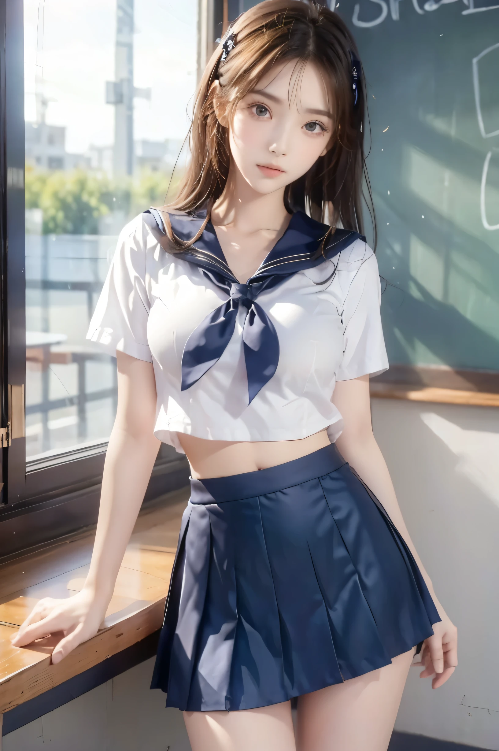 ( super high image quality ), ( looking over here), (Short-sleeved sailor uniform,  Navy Blue Miniskirt ), Big Breasts, Super beautiful breasts, Slender, (Thin legs:1.2), (Thin thighs:1.2), (Thin Hips:1.4), (Beautiful Skin,  Shiny Skin ,  white skin), (Super slim face, Super beautiful face, No makeup, Smile:0.6), (Light Brown Hair,  semi-long, Layered Cut,  message window ), (Big eyes:1.3, High corners of the eyes:1.6, double eyelid), (Thin eyebrows:0.1), (Small Nose:0.6), (Thin lips:0.6), Beautiful Hands, Empty-handed,  standing , School classroom