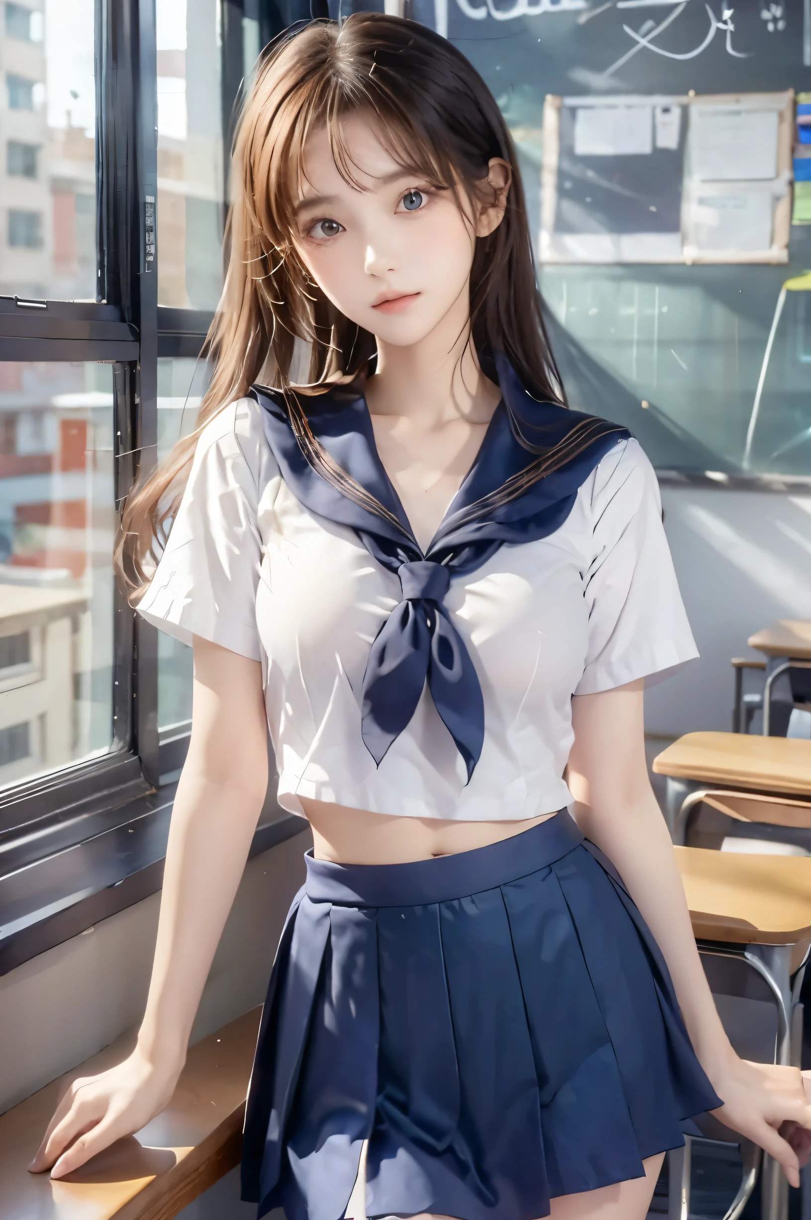 ( super high image quality ), ( looking over here), (Short-sleeved sailor uniform,  Navy Blue Miniskirt ), Big Breasts, Super beautiful breasts, Slender, (Thin legs:1.2), (Thin thighs:1.2), (Thin Hips:1.4), (Beautiful Skin,  Shiny Skin ,  white skin), (Super slim face, Super beautiful face, No makeup, Smile:0.6), (Light Brown Hair,  semi-long, Layered Cut,  message window ), (Big eyes:1.3, High corners of the eyes:1.6, double eyelid), (Thin eyebrows:0.1), (Small Nose:0.6), (Thin lips:0.6), Beautiful Hands, Empty-handed,  standing , School classroom