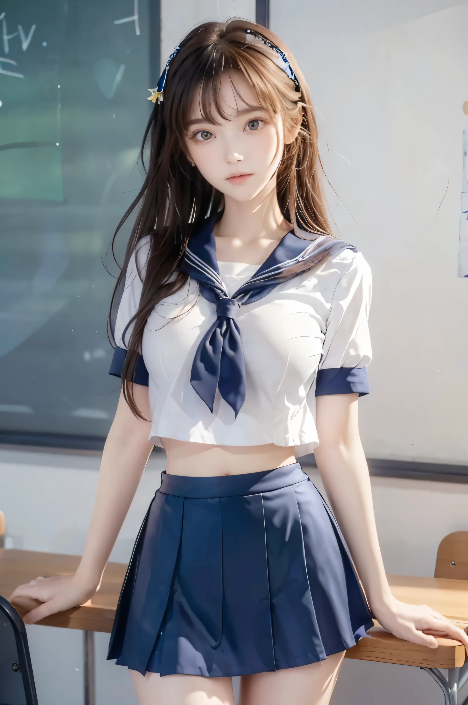 ( super high image quality ), ( looking over here), (Short-sleeved sailor uniform,  Navy Blue Miniskirt ), Big Breasts, Super beautiful breasts, Slender, (Thin legs:1.2), (Thin thighs:1.2), (Thin Hips:1.4), (Beautiful Skin,  Shiny Skin ,  white skin), (Super slim face, Super beautiful face, No makeup, Smile:0.6), (Light Brown Hair,  semi-long, Layered Cut,  message window ), (Big eyes:1.3, High corners of the eyes:1.6, double eyelid), (Thin eyebrows:0.1), (Small Nose:0.6), (Thin lips:0.6), Beautiful Hands, Empty-handed,  standing , School classroom