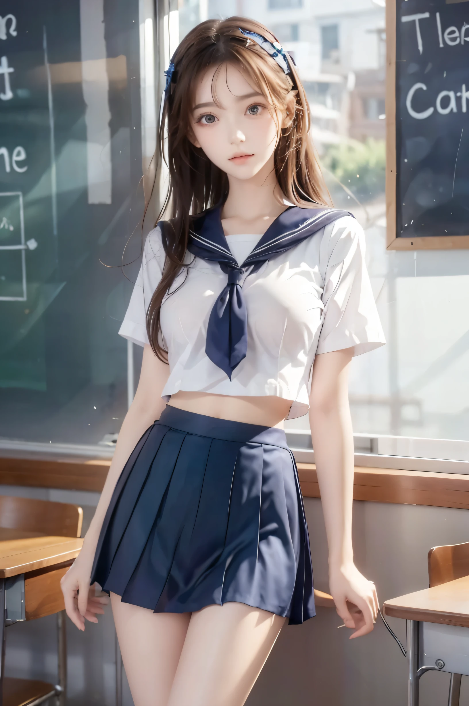 ( super high image quality ), ( looking over here), (Short-sleeved sailor uniform,  Navy Blue Miniskirt ), Big Breasts, Super beautiful breasts, Slender, (Thin legs:1.2), (Thin thighs:1.2), (Thin Hips:1.4), (Beautiful Skin,  Shiny Skin ,  white skin), (Super slim face, Super beautiful face, No makeup, Smile:0.6), (Light Brown Hair,  semi-long, Layered Cut,  message window ), (Big eyes:1.3, High corners of the eyes:1.6, double eyelid), (Thin eyebrows:0.1), (Small Nose:0.6), (Thin lips:0.6), Beautiful Hands, Empty-handed,  standing , School classroom