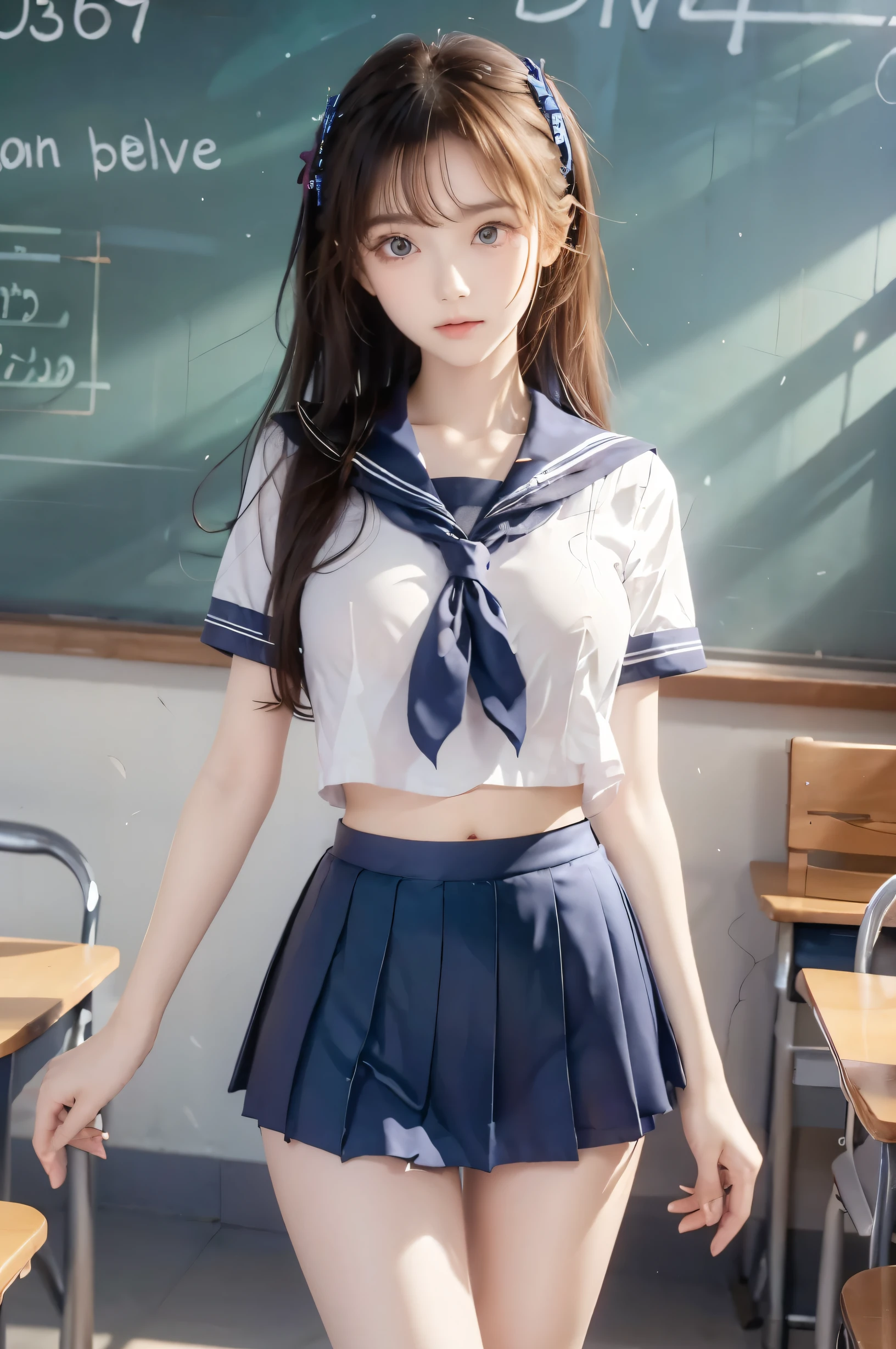 ( super high image quality ), ( looking over here), (Short-sleeved sailor uniform,  Navy Blue Miniskirt ), Big Breasts, Super beautiful breasts, Slender, (Thin legs:1.2), (Thin thighs:1.2), (Thin Hips:1.4), (Beautiful Skin,  Shiny Skin ,  white skin), (Super slim face, Super beautiful face, No makeup, Smile:0.6), (Light Brown Hair,  semi-long, Layered Cut,  message window ), (Big eyes:1.3, High corners of the eyes:1.6, double eyelid), (Thin eyebrows:0.1), (Small Nose:0.6), (Thin lips:0.6), Beautiful Hands, Empty-handed,  standing , School classroom