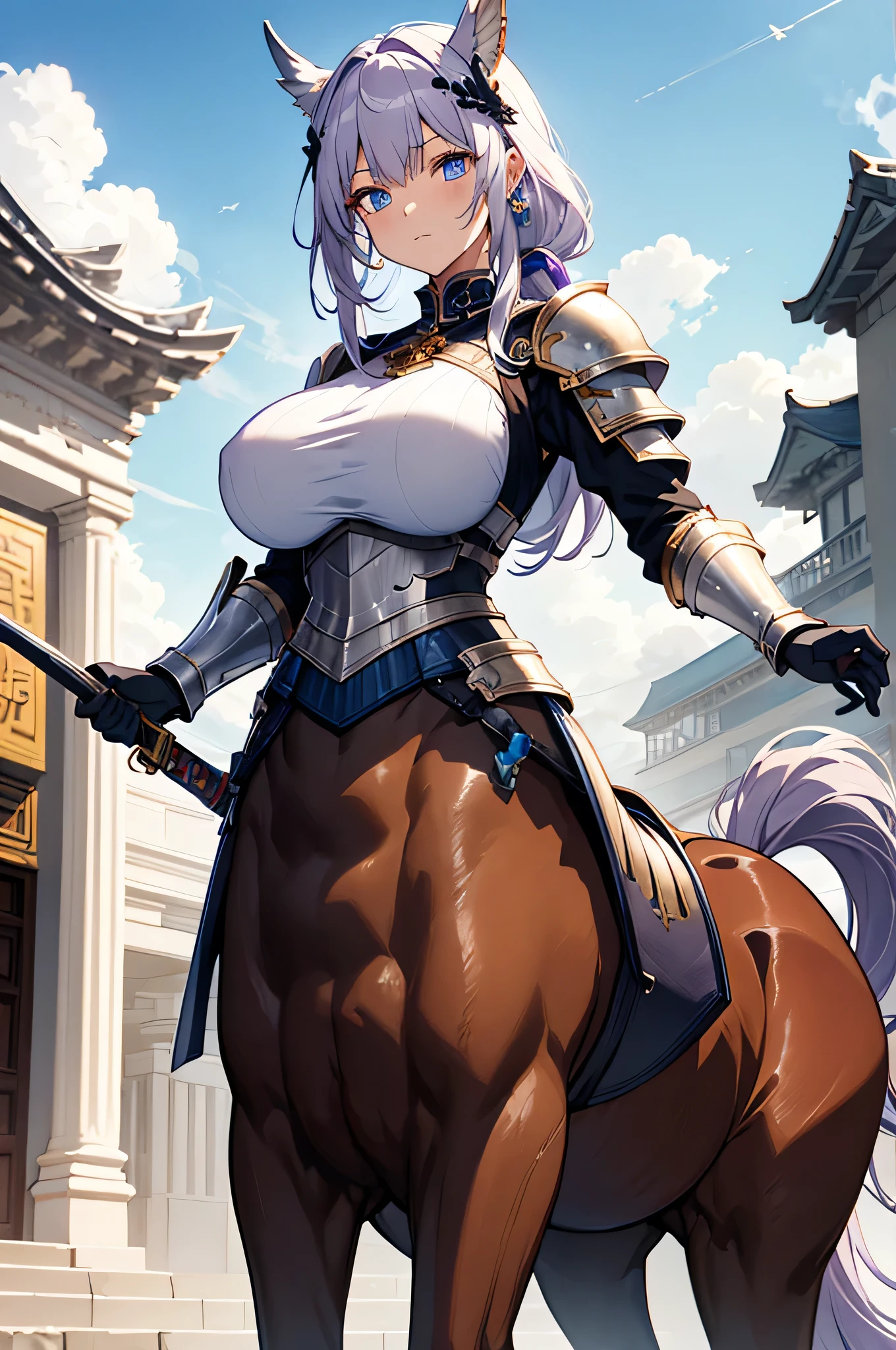 masterpiece, best quality, highrez, 1girl, anime, centaur, Short hair, messy hair, Breast wrapping, large breasts, Midriff, muscular,