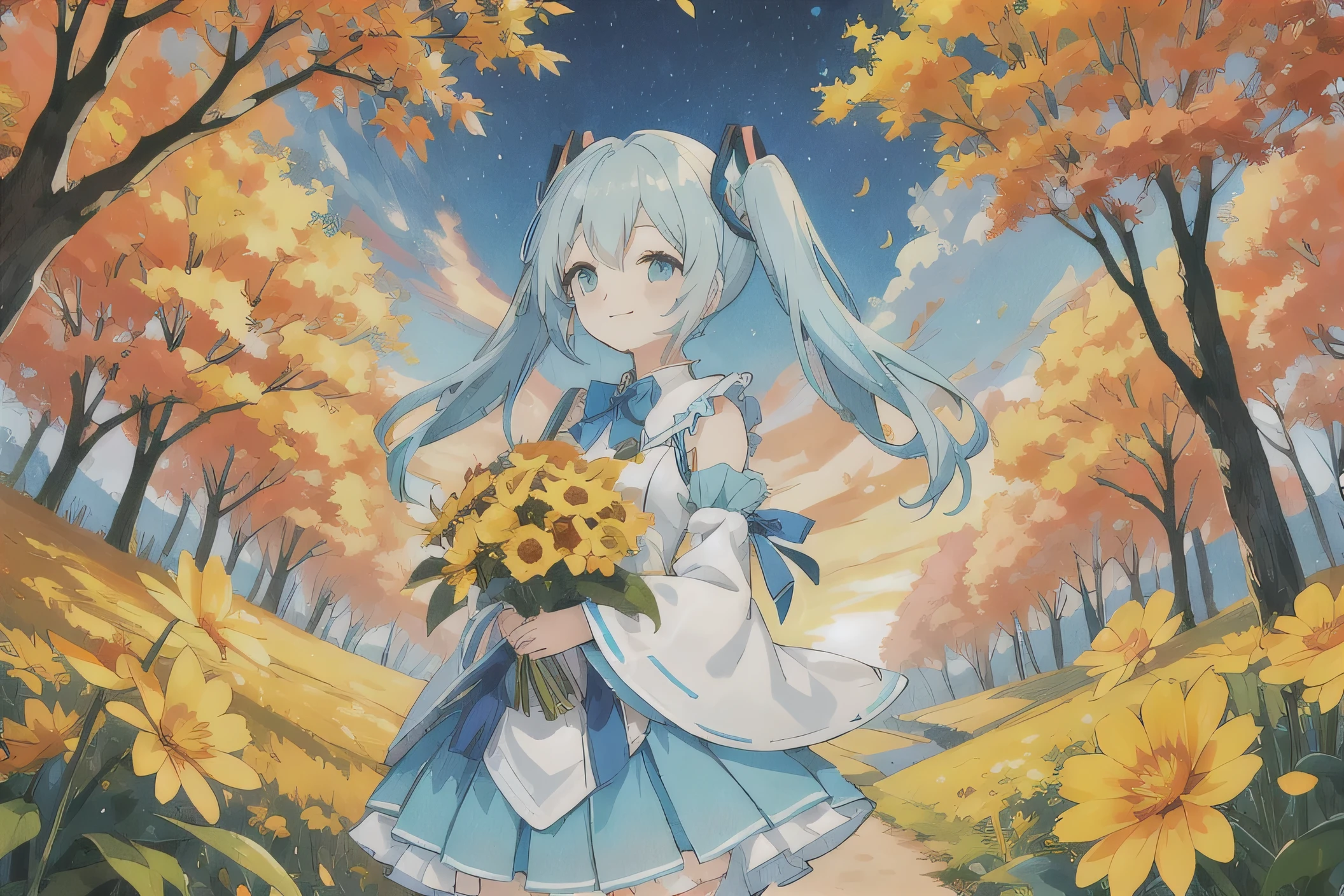 · Hatsune Miku · Light Blue Hair · Long Twin Tails · Smiling · Yellow Dress · In the Woods · Lots of Autumn Leaves · Cosmos Bouquet · Sunset Sky · Top Quality
