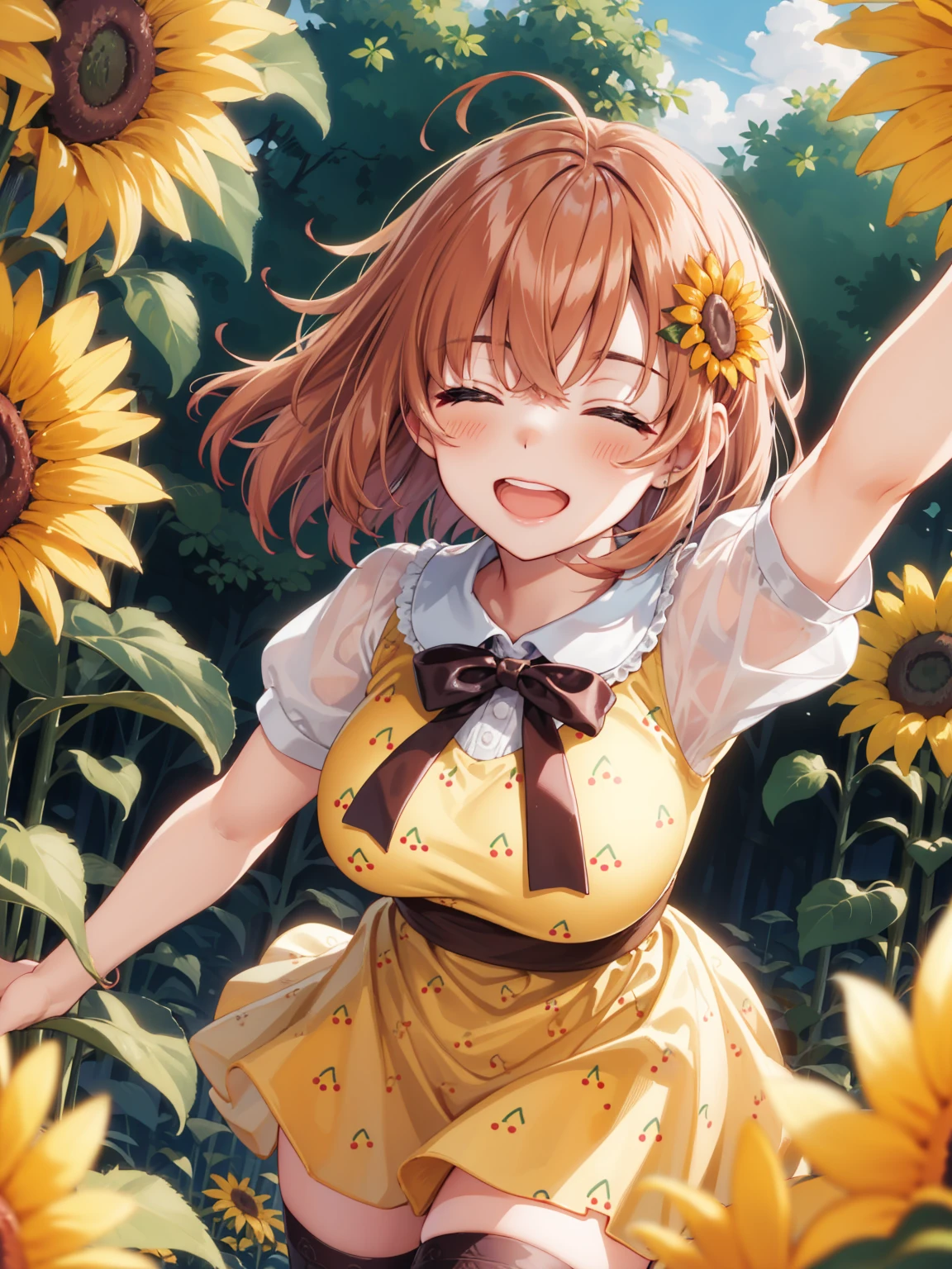 Portrait, official art, best masterpiece, best quality, best resolution, 8K, best detailed, perfect anatomy, looking at viewe, Dutch angle, dynamic pose
BREAK
cowboy shot, open your arms, It's spinning
BREAK
honma himawari, ahoge, sunflower hair ornament, yellow dress, puffy short sleeves, thighhighs
, (large breasts), 1girl, solo
BREAK
(smile), (blush:1.2), (Squinting Eyes), open mouth
BREAK
Soft lighting, indirect lighting, absurd, (Outdoo, sunflower field, sunflowers), very fine and detailed 16KCG wallpapers