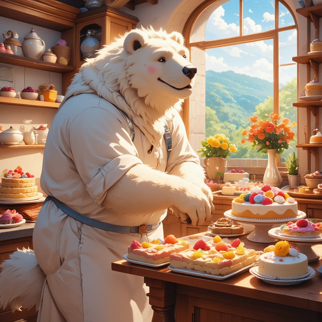 pastry chef, a plump middle-aged polar bear man, full body in Michelangelo Buonarroti style, housamo style, digital illustration anime, character focus, full body, looking away, dynamic angle, BREAK happy, little smile, chef's hat, costume, boots, cook a cake, a beautiful pastel-colored patisserie, intricate and delicate cakes, delicate floral decorations, perfectly arranged dessert display, assorted fruits, sugar flowers, macarons, cupcakes, tarts, sweet treats, dynamic pose, detailed painting landscape, morning, patisserie, kitchen, kitchen table, indoor, france, BREAK complete anatomy, perfect proportions, beautiful thigh gap, fluffy body, intricate fur details, beautiful fur texture, BREAK detailed polar bear tail, detailed boots, detailed hands, 5fingers, 5fingers nails, BREAK aesthetic anime face, insanity detailed face, male face, big face, square jawline, aesthetic anime eyes, detailed brown eyes, detailed brown cornea, detailed dark brown irises, detailed pupils, male eyes, big eyes, male eyebrows, innocent look, beautiful beard, BREAK masterpiece, official art, best quality, very aesthetic, absurdres, super fine illustration, great quality, BREAK noise reduction, very highres, large filesize, high quality, 32K, 8k wallpaper, dynamic lighting, BREAK insanity detailed, ultra detailed, intricate details, extremely detailed, detailed texture, an extremely delicate and beautiful, full color, HDR, BREAK e621 illustration, osukemo, kemohomo, anthropomorphic, furry, cartoon, harmonious, pastoral, virtuous