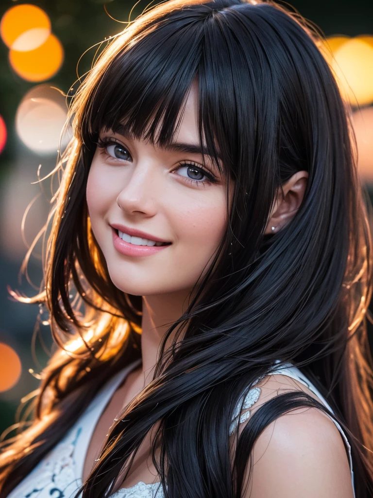 1 girl, long hair, smiling, black hair, smiling, (best quality,4k,8k,highres,masterpiece:1.2),ultra-detailed,(realistic,photorealistic,photo-realistic:1.37),HDR,UHD,studio lighting,ultra-fine painting,sharp focus,physically-based rendering,extreme detail description,professional,vivid colors,bokeh,portrait