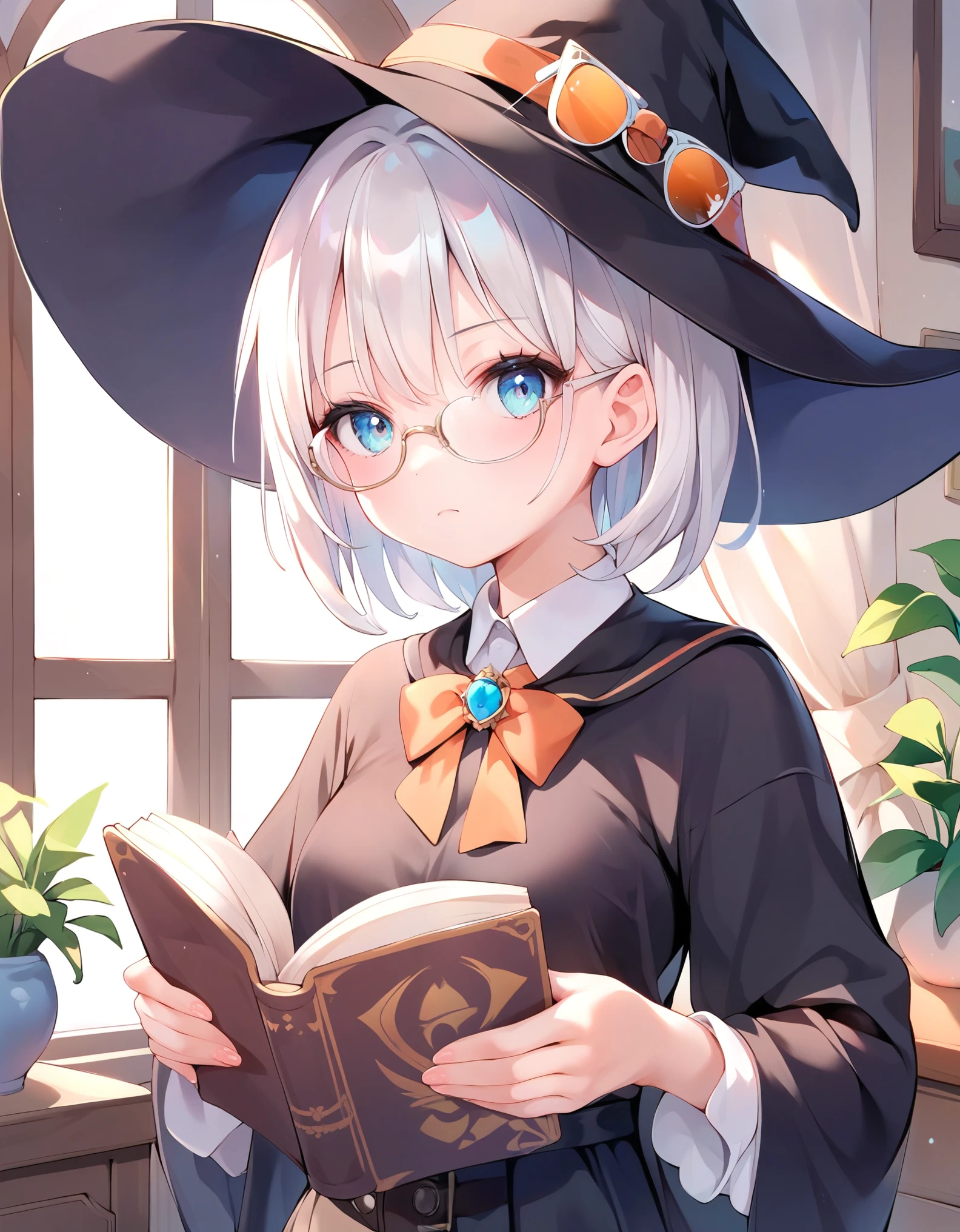 score_9, score_8_up, score_7_up, source_anime, 1girl, witch, witch hat, indoors, reading book, glasses, frown