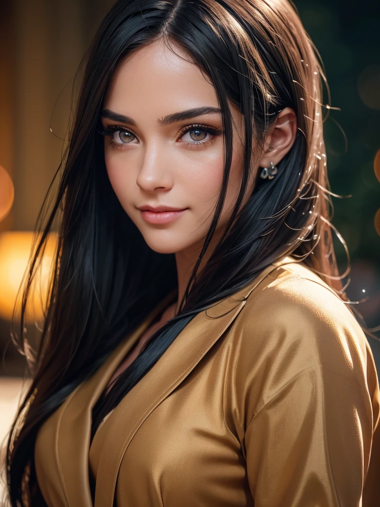 1 girl, long dark hair, beautiful detailed eyes, beautiful detailed lips, extremely detailed face, longeyelashes, smiling, full body shot, black hair, (best quality,4k,8k,highres,masterpiece:1.2),ultra-detailed,(realistic,photorealistic,photo-realistic:1.37),HDR,UHD,studio lighting,ultra-fine painting,sharp focus,physically-based rendering,extreme detail description,professional,vivid colors,bokeh,portrait