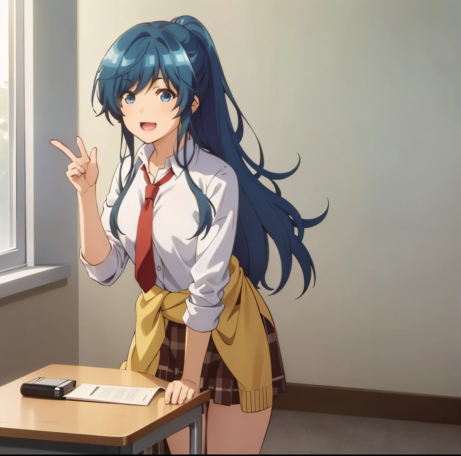 1girl,alone,minami,mi,best quality,(masterpiece:1.2),detailed,open mouth,smile, blue hair, blue eyes, long hair, ponytail, , white shirt, red tie, neckline, pleated skirt, light yellow sweater around the waist, standing, pointing at the viewer, looking at the viewer, interior, classroom, sitting at desk, legs crossed, sunset, medium breasts, medium waist, wide hips, medium thighs, perfect anatomy, perfect hands